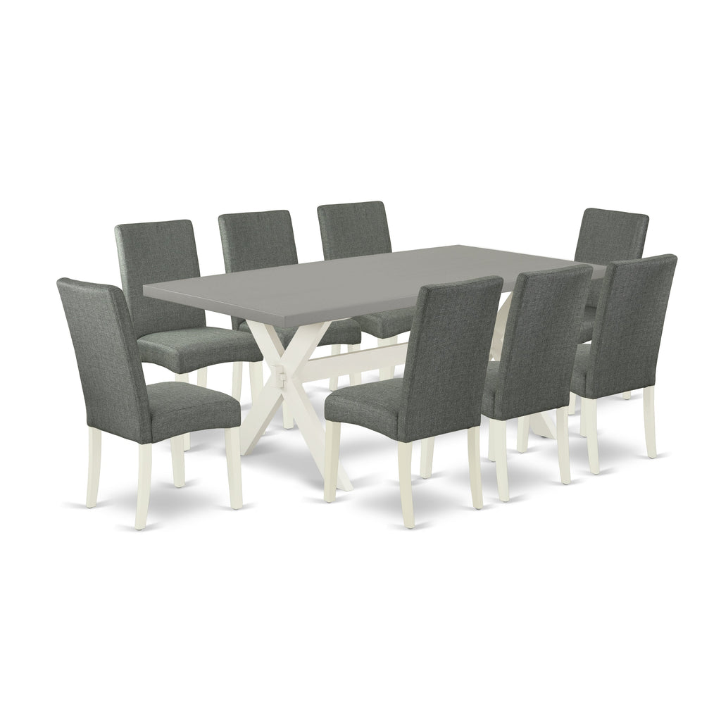 East West Furniture X097DR207-9 9 Piece Dining Table Set Includes a Rectangle Dining Room Table with X-Legs and 8 Gray Linen Fabric Upholstered Parson Chairs
