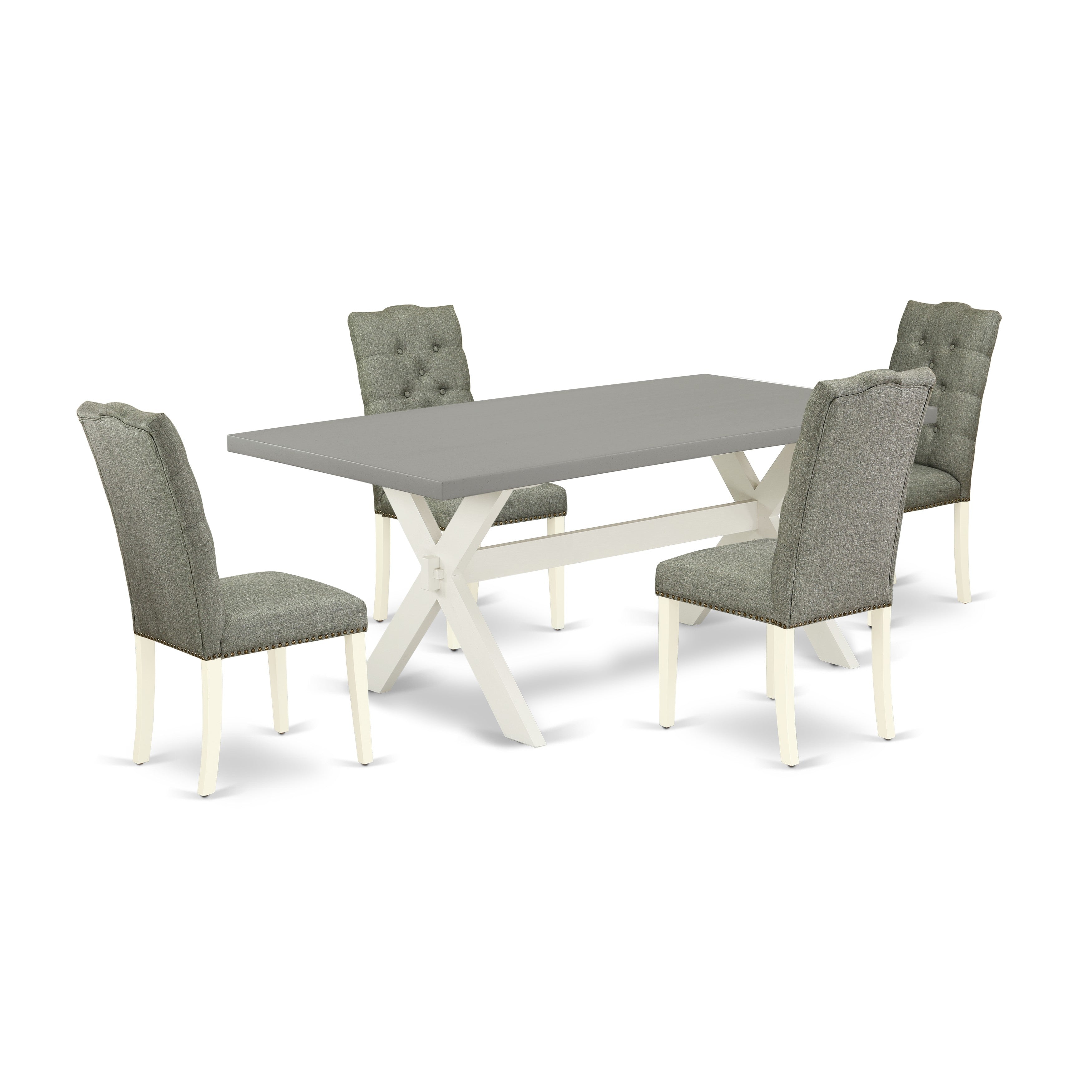 East West Furniture X097EL207-5 5-Piece Dining Room Table Set- 4 padded parson chairs with Smoke Linen Fabric Seat and Button Tufted Chair Back - Dining Room Table - Cement Finish