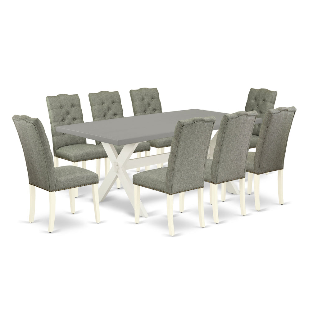 East West Furniture X097EL207-9 9 Piece Dining Set Includes a Rectangle Dining Room Table with X-Legs and 8 Gray Linen Fabric Upholstered Parson Chairs