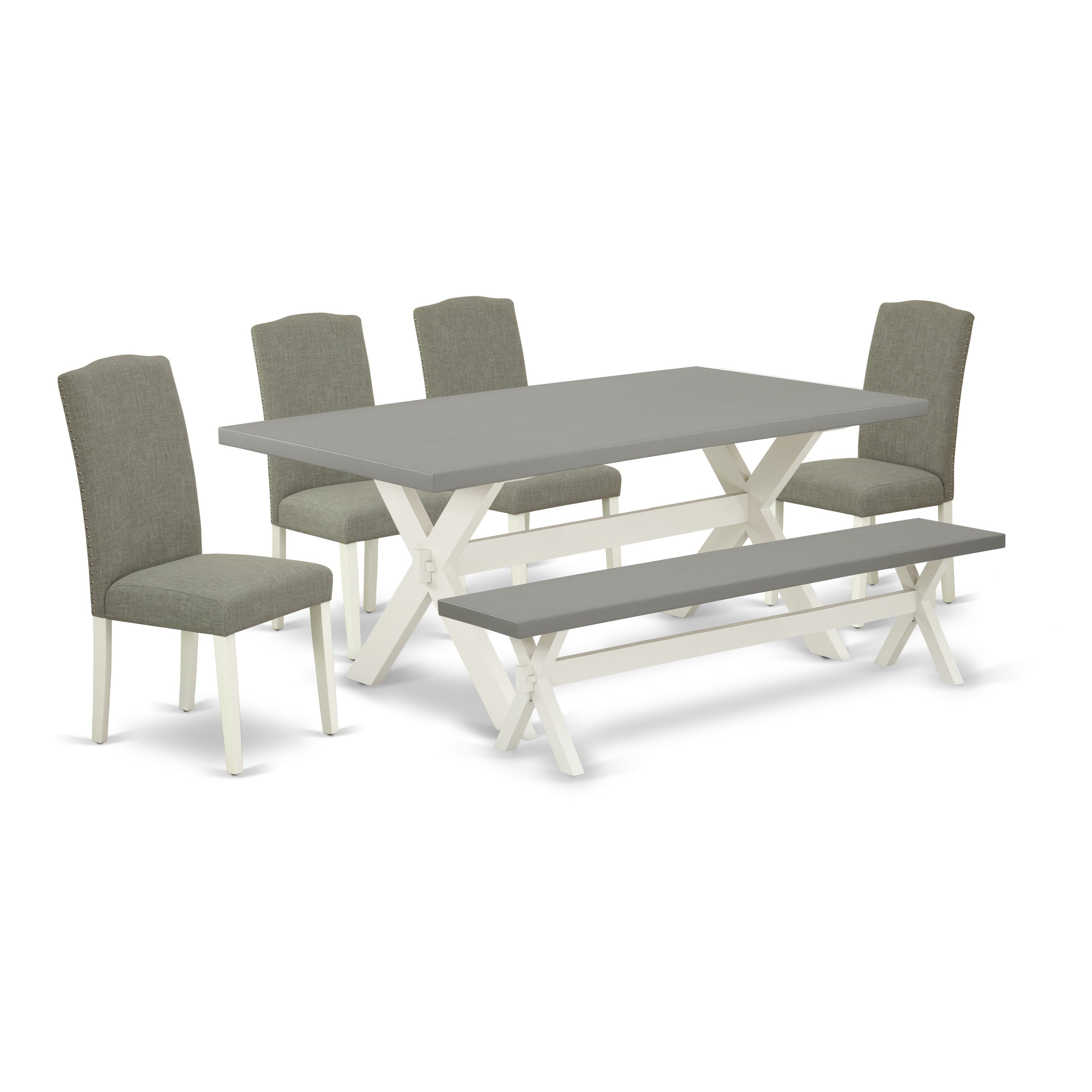 Juego de comedor de 6 piezas East West Furniture X097EN206-6. Contiene una mesa de comedor rectangular con patas en forma de X y 4 sillas Parson de tela de lino shitake oscuro con un banco.