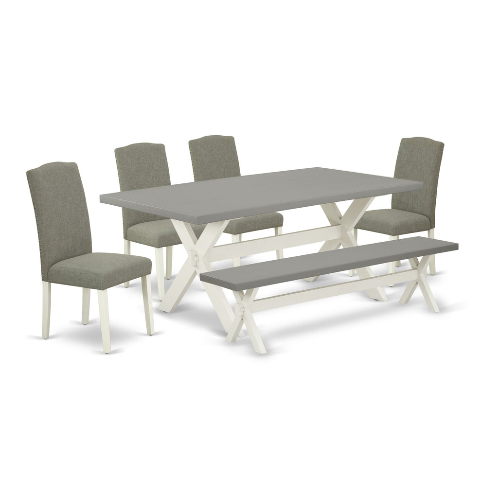 Juego de comedor de 6 piezas East West Furniture X097EN206-6. Contiene una mesa de comedor rectangular con patas en forma de X y 4 sillas Parson de tela de lino shitake oscuro con un banco.