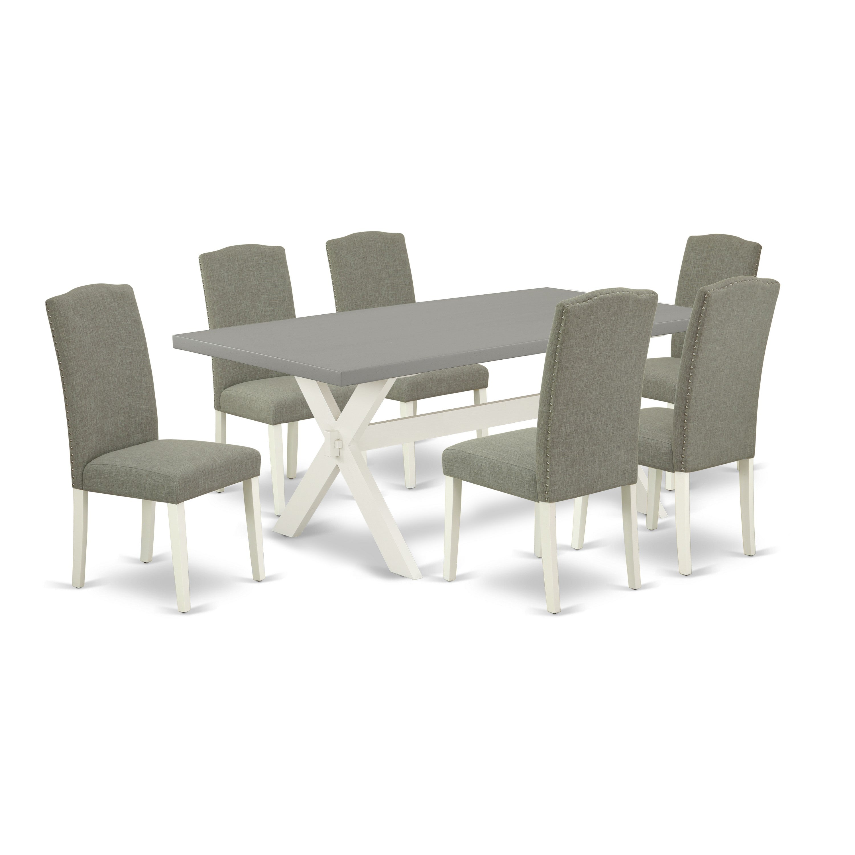 Juego de mesa de comedor de 7 piezas East West Furniture X097EN206-7 compuesto por una mesa de cocina rectangular con patas en forma de X y 6 sillas de comedor Parson de tela de lino shitake oscuro.