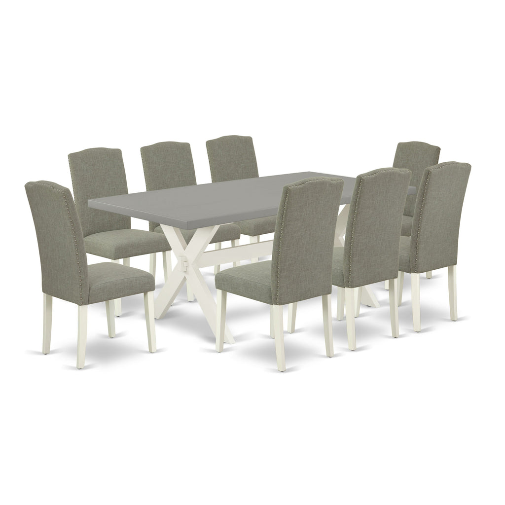 El juego de mesa de cocina de 9 piezas East West Furniture X097EN206-9 incluye una mesa de comedor rectangular con patas en forma de X y 8 sillas de comedor Parson de tela de lino shitake oscuro.