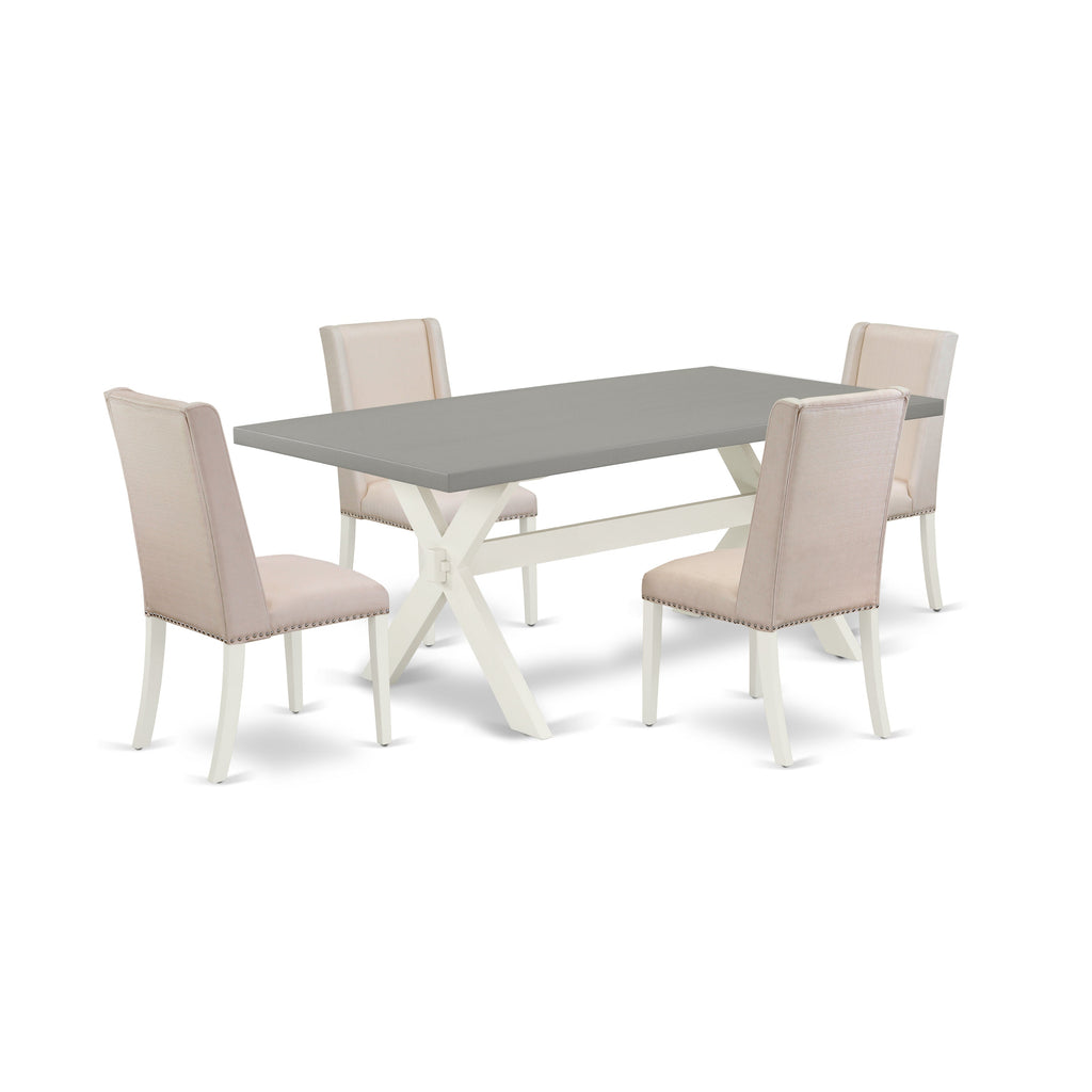 Juego de mesa de comedor moderna de 5 piezas East West Furniture X097FL201-5. Incluye una mesa rectangular de madera con patas en forma de X y 4 sillas tapizadas en tela de lino color crema.