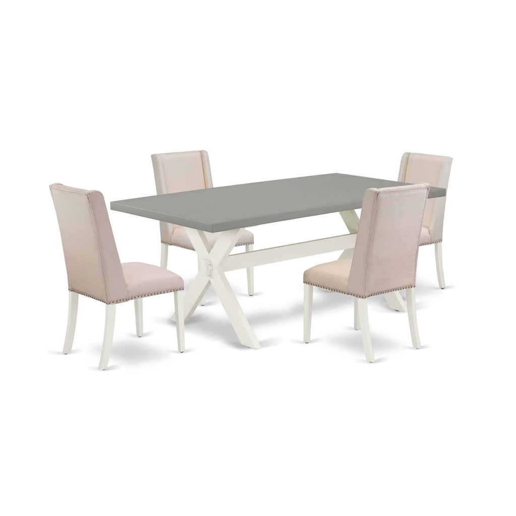 East West Furniture X097FL201-5 5 Piece Modern Dining Table Set Includes a Rectangle Wooden Table with X-Legs and 4 Cream Linen Fabric Upholstered Chairs, 40x72 Inch, Multi-Color