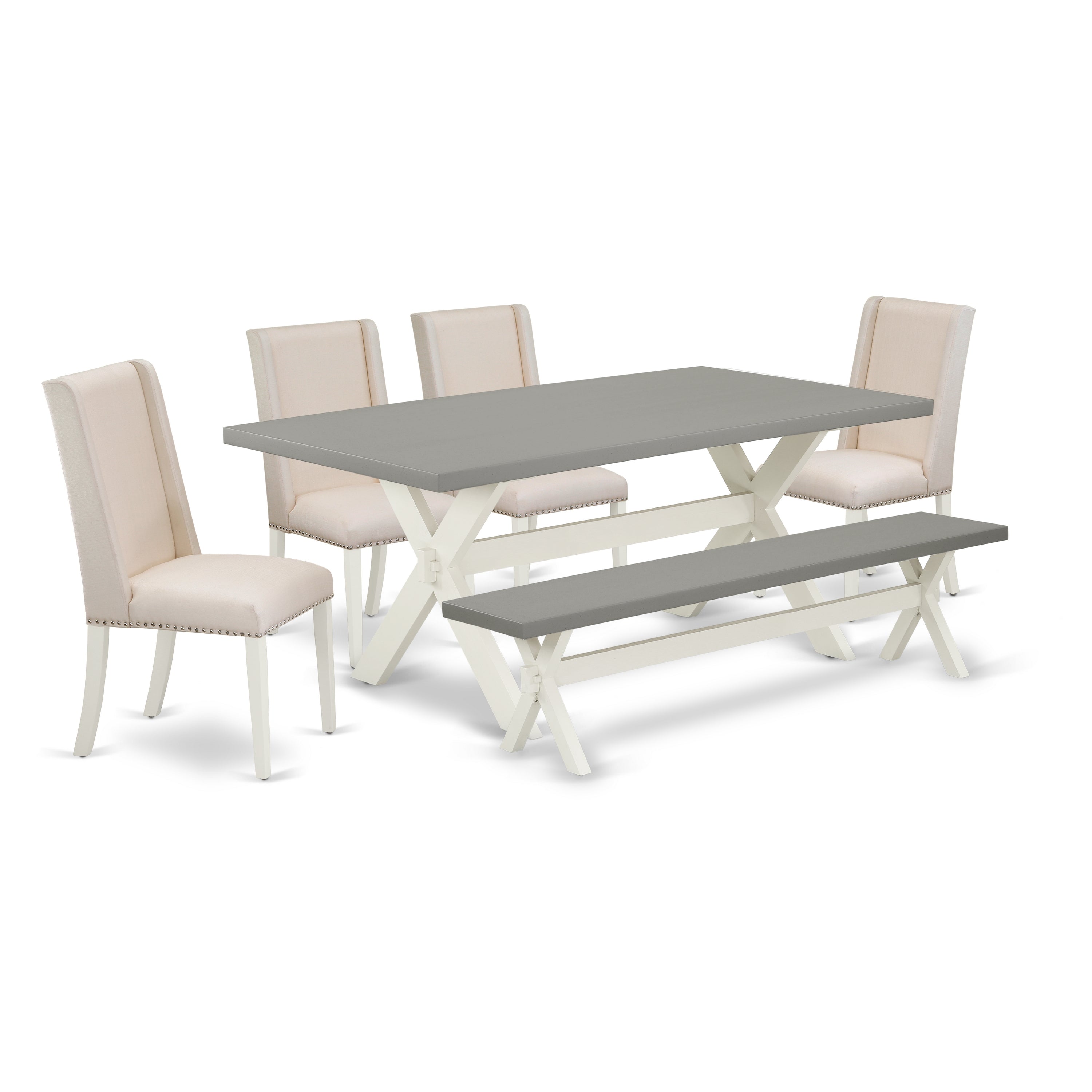 Juego de mesa de cocina de 6 piezas East West Furniture X097FL201-6. Contiene una mesa de comedor rectangular con patas en forma de X y 4 sillas Parson de tela de lino color crema con un banco.