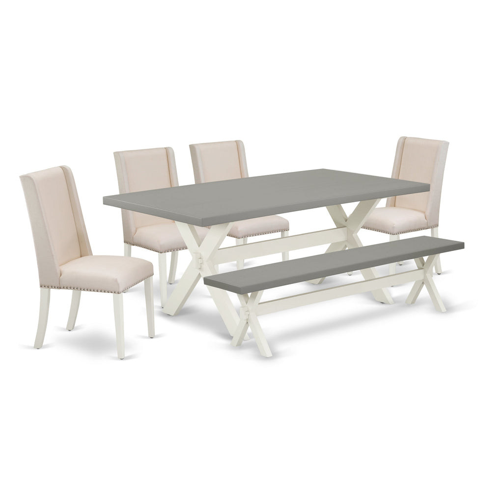 East West Furniture X097FL201-6 6 Piece Kitchen Table Set Contains a Rectangle Dining Table with X-Legs and 4 Cream Linen Fabric Parson Chairs with a Bench