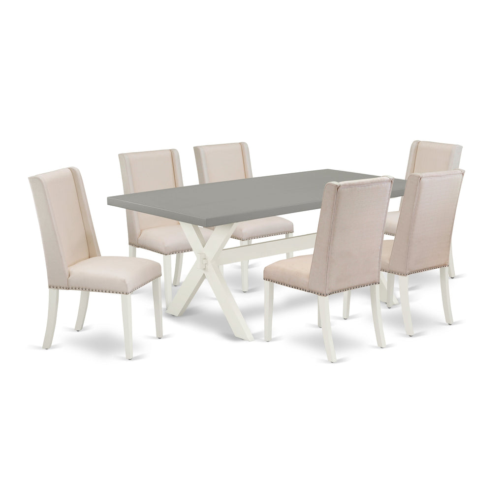 East West Furniture X097FL201-7 7 Piece Modern Dining Table Set Consist of a Rectangle Wooden Table with X-Legs and 6 Cream Linen Fabric Parson Dining Chairs