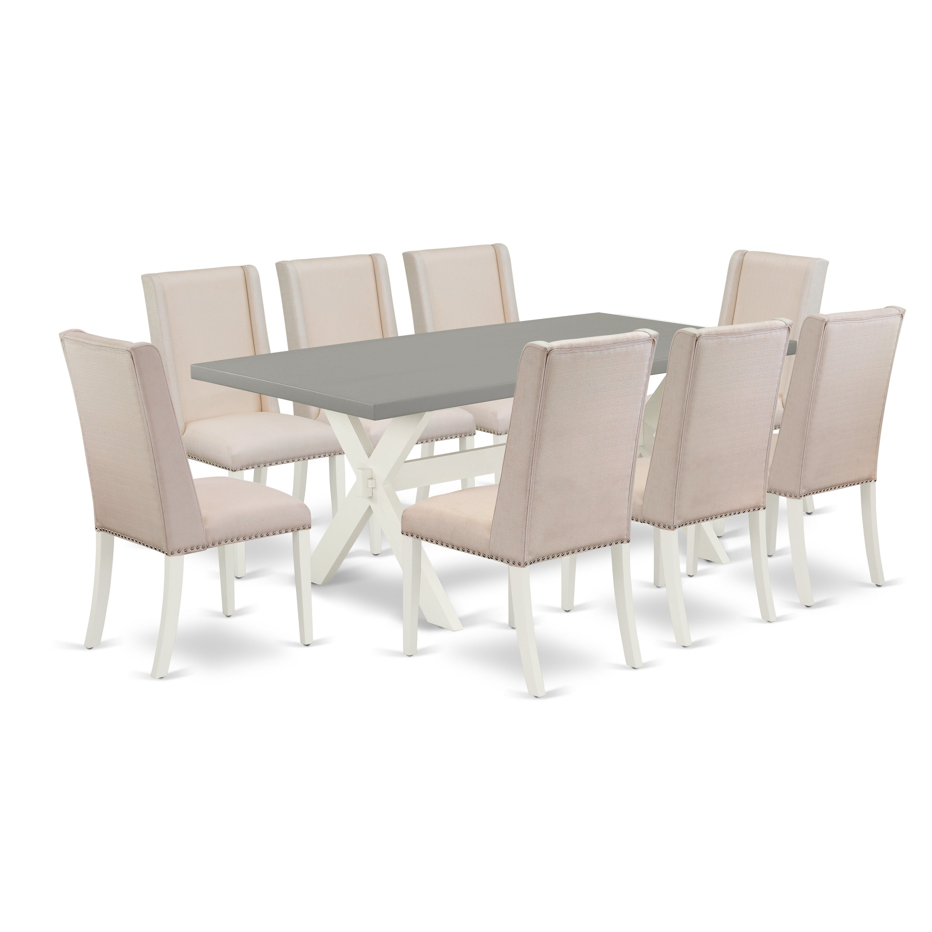 Juego de mesa de cocina de 9 piezas East West Furniture X097FL201-9. Incluye una mesa de comedor rectangular con patas en forma de X y 8 sillas de comedor Parson de tela de lino color crema.