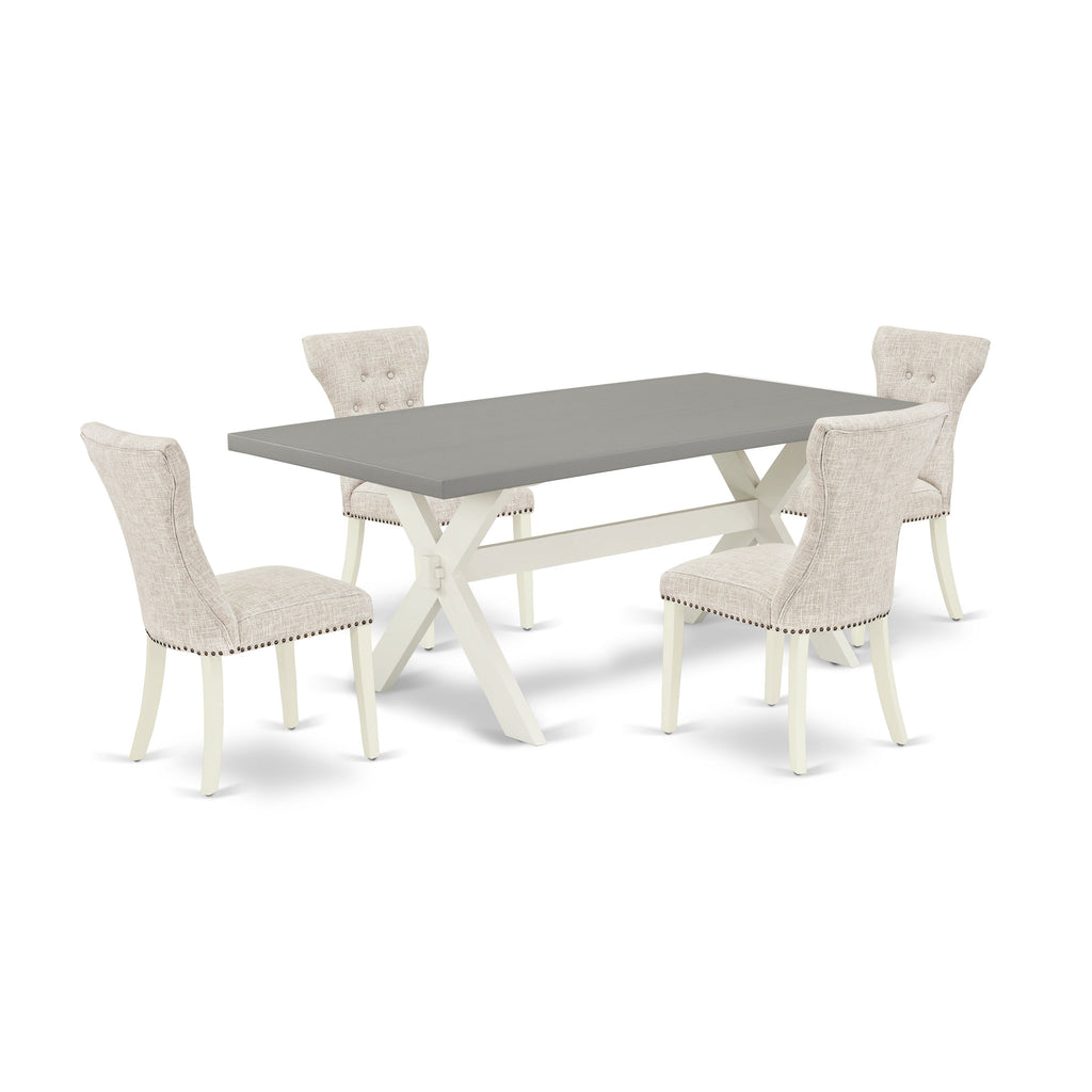 East West Furniture X097GA235-5 5 Piece Modern Dining Table Set Includes a Rectangle Wooden Table with X-Legs and 4 Doeskin Linen Fabric Upholstered Chairs, 40x72 Inch, Multi-Color