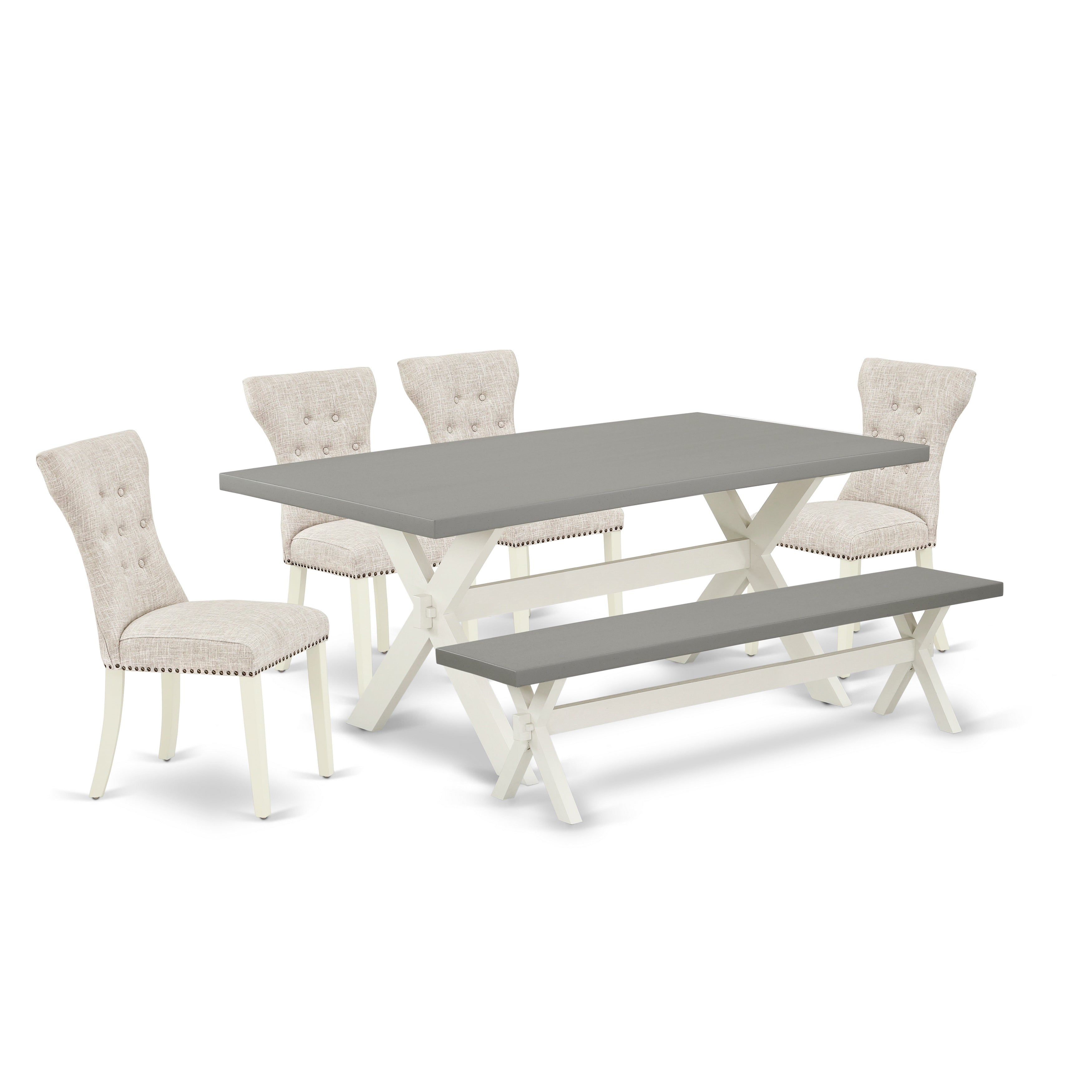 East West Furniture X097GA235-6 6-Pc Dinette Set- 4 kitchen chairs with Doeskin Linen Fabric Seat and Button Tufted Chair Back - Rectangular top & Wooden Cross Legs Dinette Table and Kitchen Bench - Cement and linen white Finish