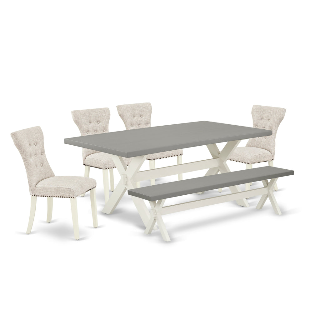 East West Furniture X097GA235-6 6 Piece Dining Room Table Set Contains a Rectangle Kitchen Table with X-Legs and 4 Doeskin Linen Fabric Parson Chairs with a Bench, 40x72 Inch, Multi-Color