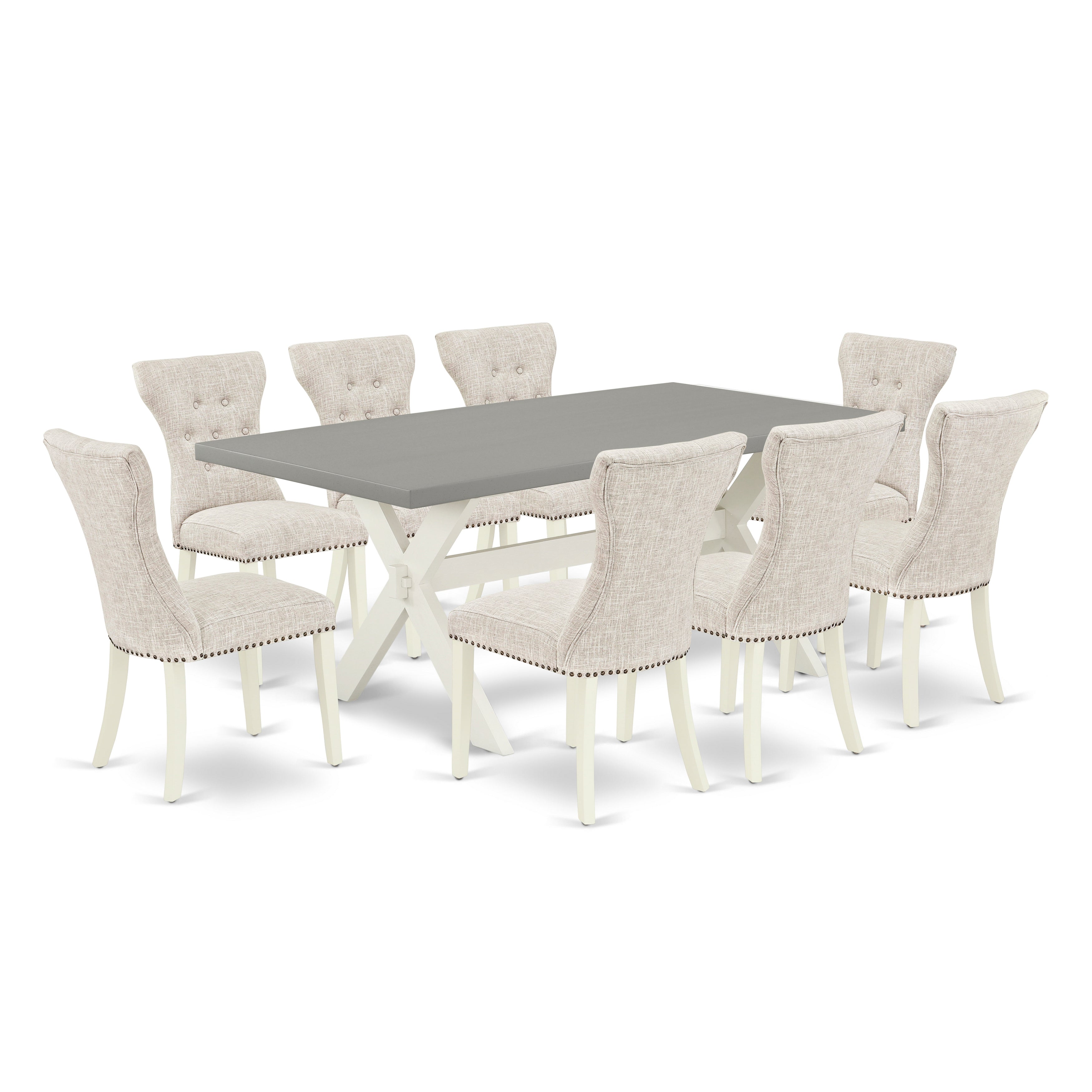East West Furniture X097GA235-9 9-Piece Dining Room Table Set- 8 kitchen chairs with Doeskin Linen Fabric Seat and Button Tufted Chair Back - Rectangular Table top & Wooden Cross Legs - Cement and linen white Finish