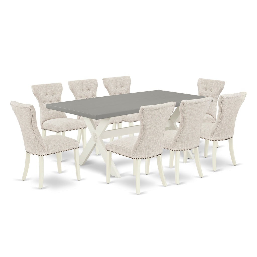 East West Furniture X097GA235-9 9 Piece Modern Dining Table Set Includes a Rectangle Wooden Table with X-Legs and 8 Doeskin Linen Fabric Upholstered Chairs, 40x72 Inch, Multi-Color