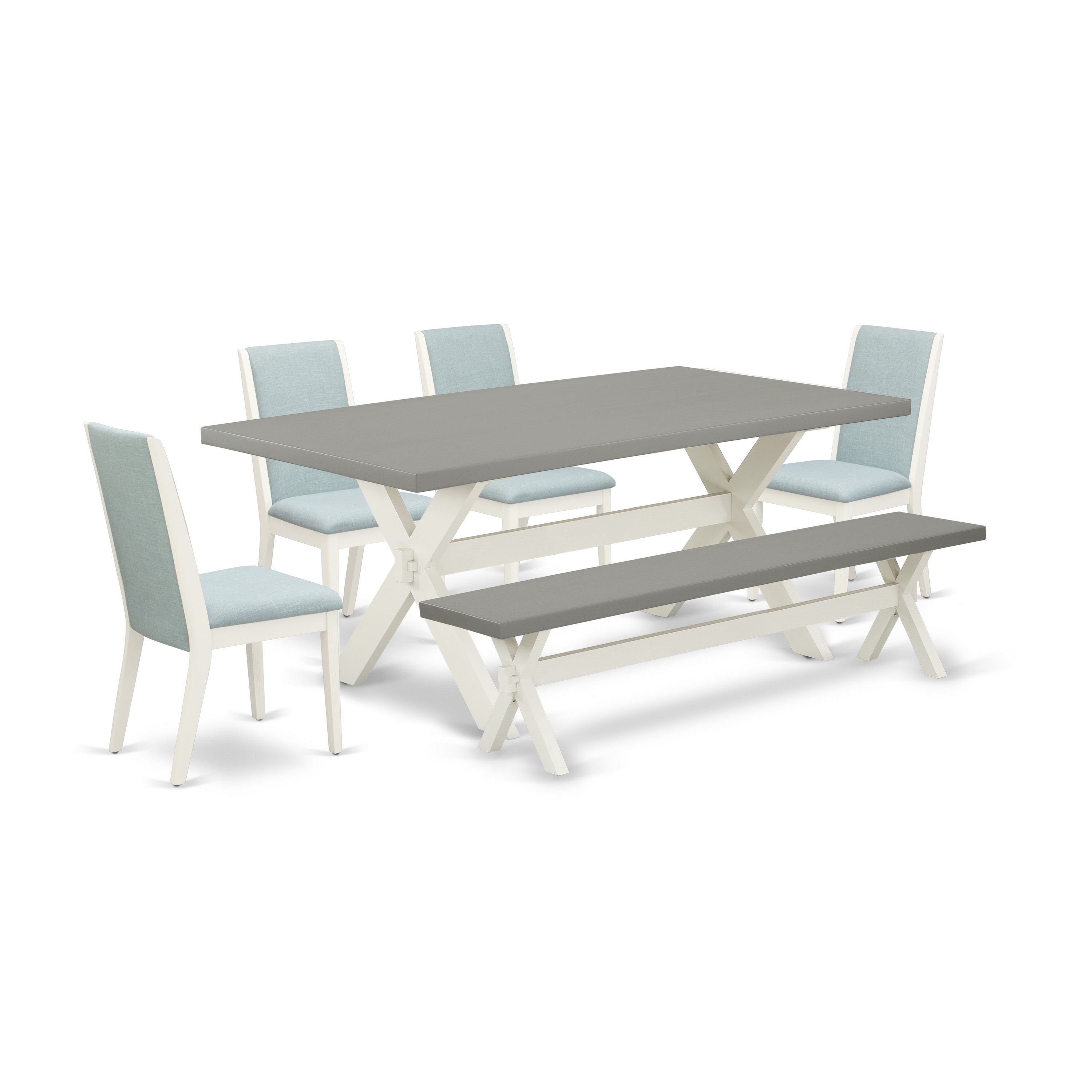 East West Furniture X097LA015-6 6-Piece Dining Room Table Set with Dining Table and Small Bench - 4 Linen Fabric Kitchen Chairs (linen white Finish)