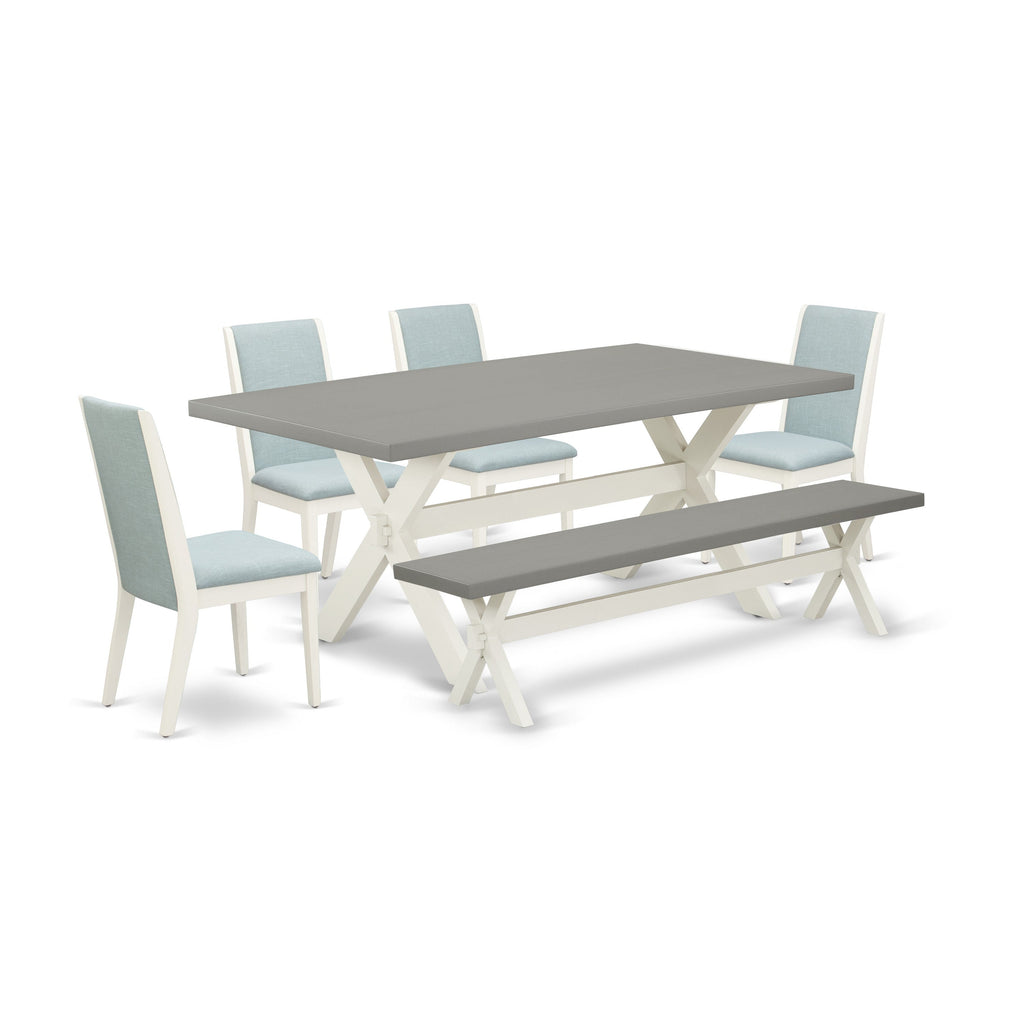 East West Furniture X097LA015-6 6 Piece Kitchen Table Set Contains a Rectangle Dining Table with X-Legs and 4 Baby Blue Linen Fabric Parson Chairs with a Bench