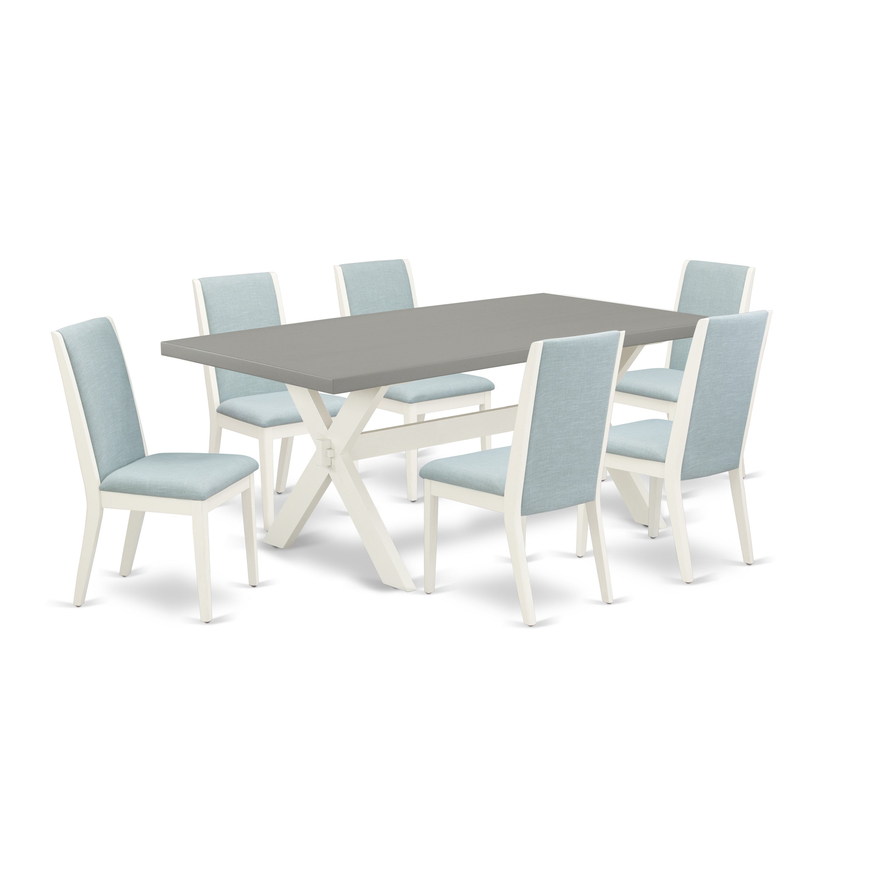 Juego de mesa de comedor moderno East West Furniture X097LA015-7 de 7 piezas compuesto por una mesa rectangular de madera con patas en forma de X y 6 sillas tapizadas en tela de lino azul bebé.