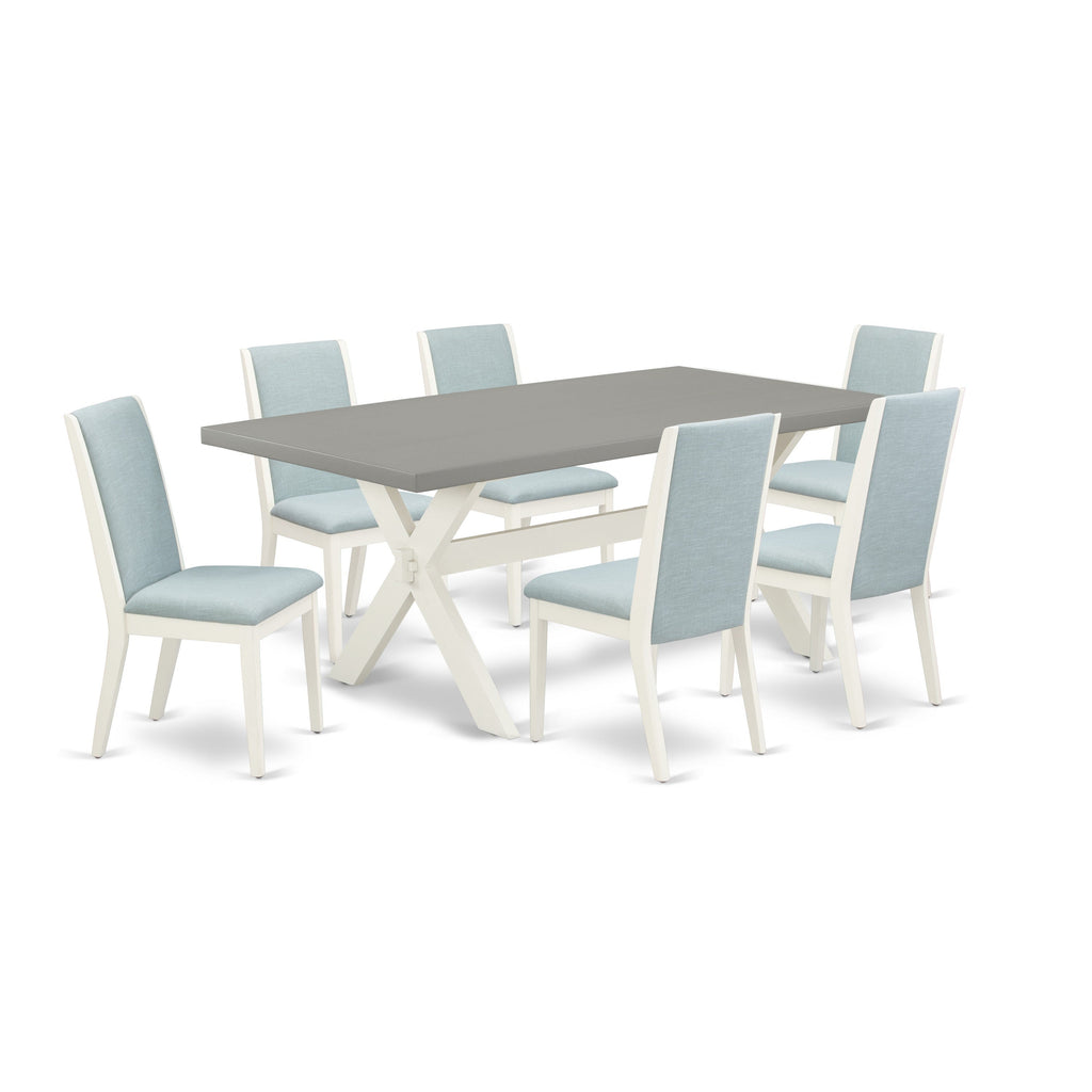 East West Furniture X097LA015-7 7 Piece Modern Dining Table Set Consist of a Rectangle Wooden Table with X-Legs and 6 Baby Blue Linen Fabric Upholstered Chairs, 40x72 Inch, Multi-Color