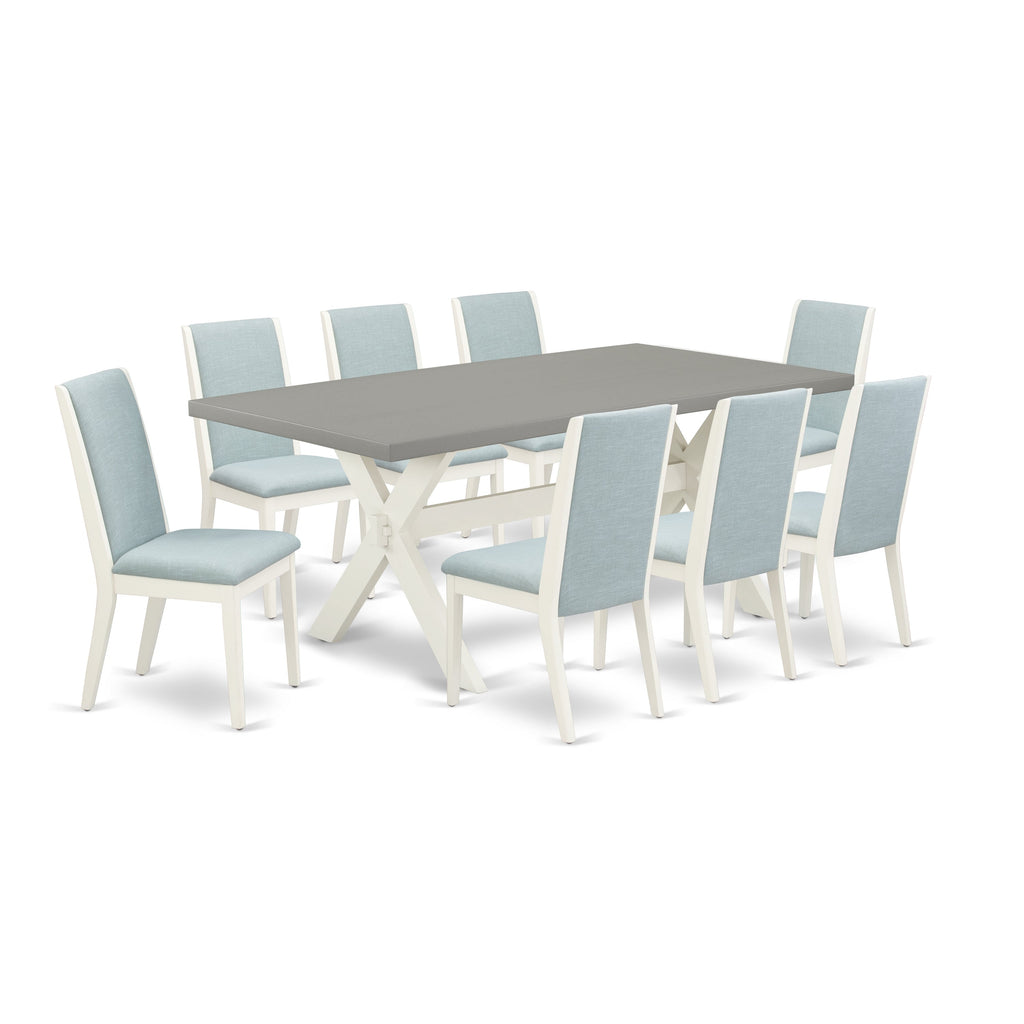 East West Furniture X097LA015-9 9 Piece Kitchen Table Set Includes a Rectangle Dining Table with X-Legs and 8 Baby Blue Linen Fabric Parsons Dining Chairs
