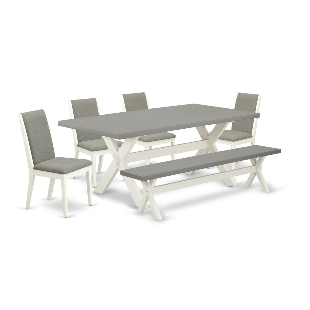 Juego de mesa de comedor moderna de 6 piezas East West Furniture X097LA206-6. Contiene una mesa rectangular de madera con patas en forma de X y 4 sillas Parson de tela de lino Shitake con un banco.