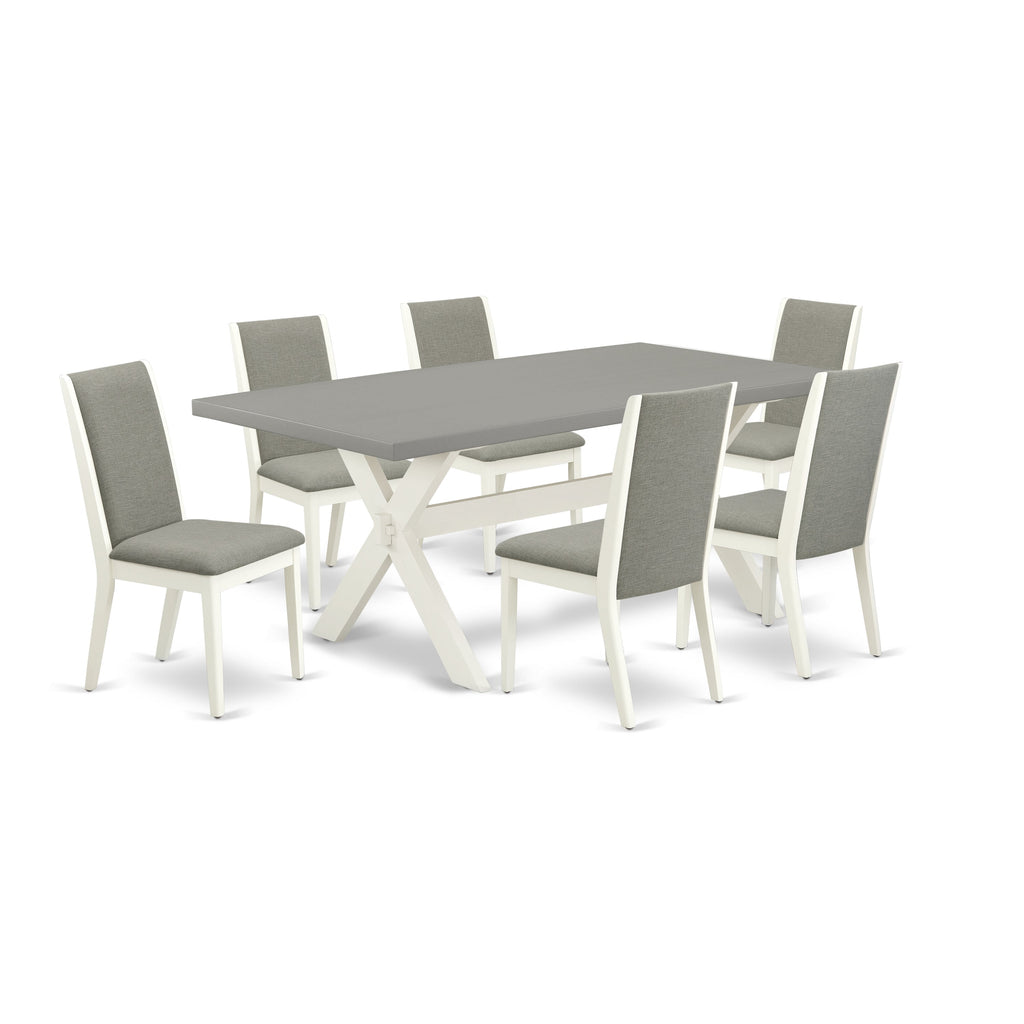 Juego de mesa de comedor moderno East West Furniture X097LA206-7 de 7 piezas compuesto por una mesa rectangular de madera con patas en forma de X y 6 sillas tapizadas en tela de lino shitake.