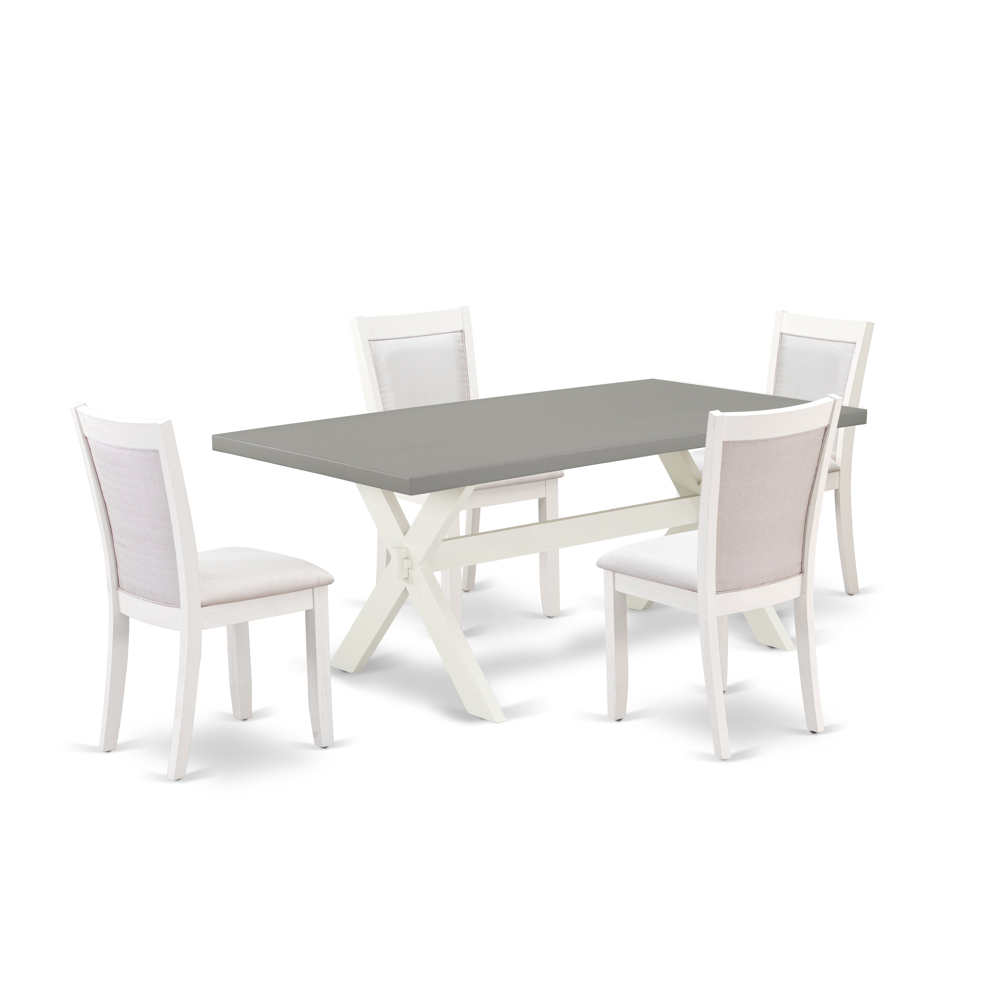 East West Furniture X097MZ001-5 5-Pc Dining Room Set Consists of a Wooden Table and 4 Cream Linen Fabric Mid Century Dining Chairs with Stylish Back - Wire Brushed linen white Finish