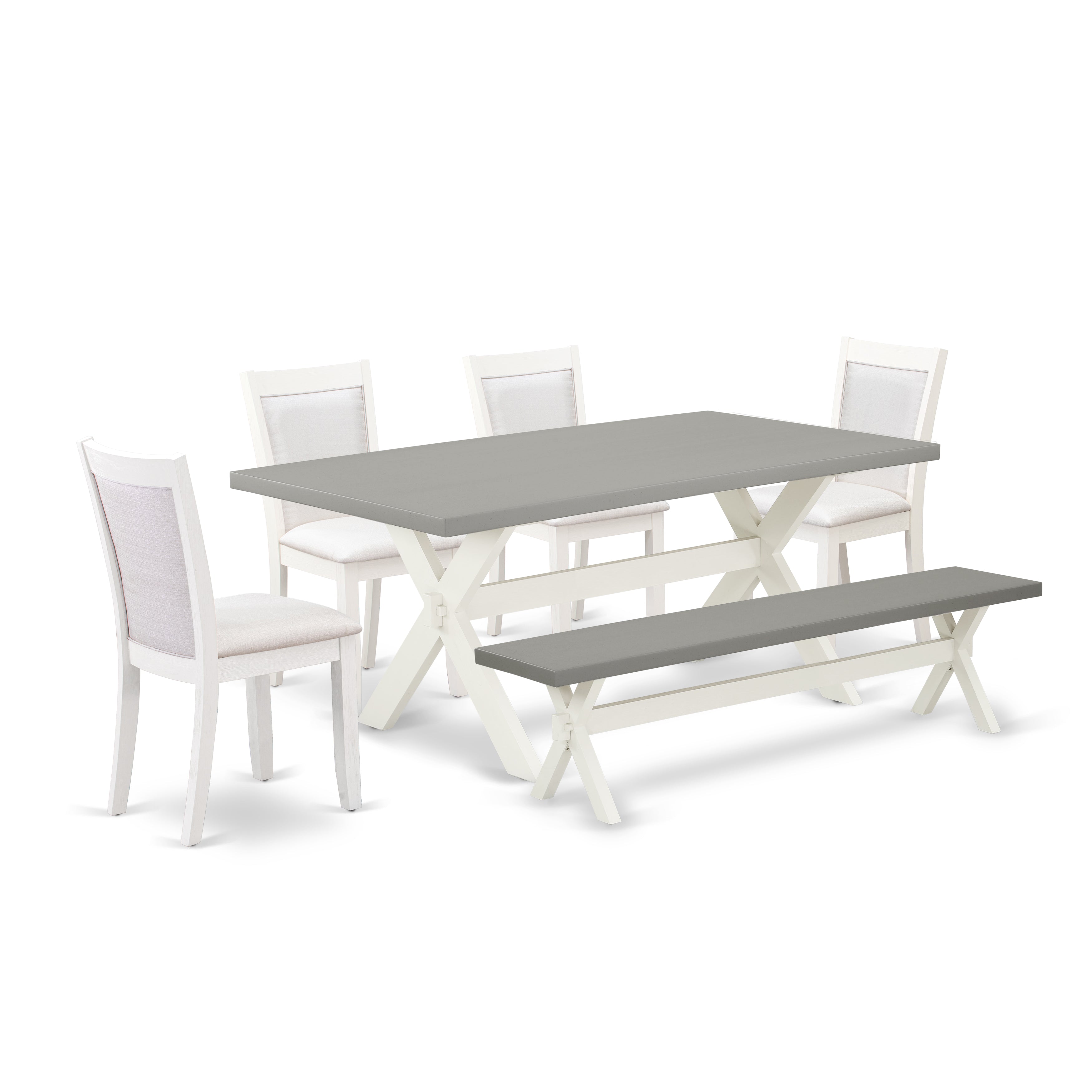 East West Furniture X097MZ001-6 6-Pc Dining Room Set Consists of a Dinning Table - 4 Cream Linen Fabric Dining Chairs with Stylish Back and a Small Bench - Wire Brushed linen white Finish