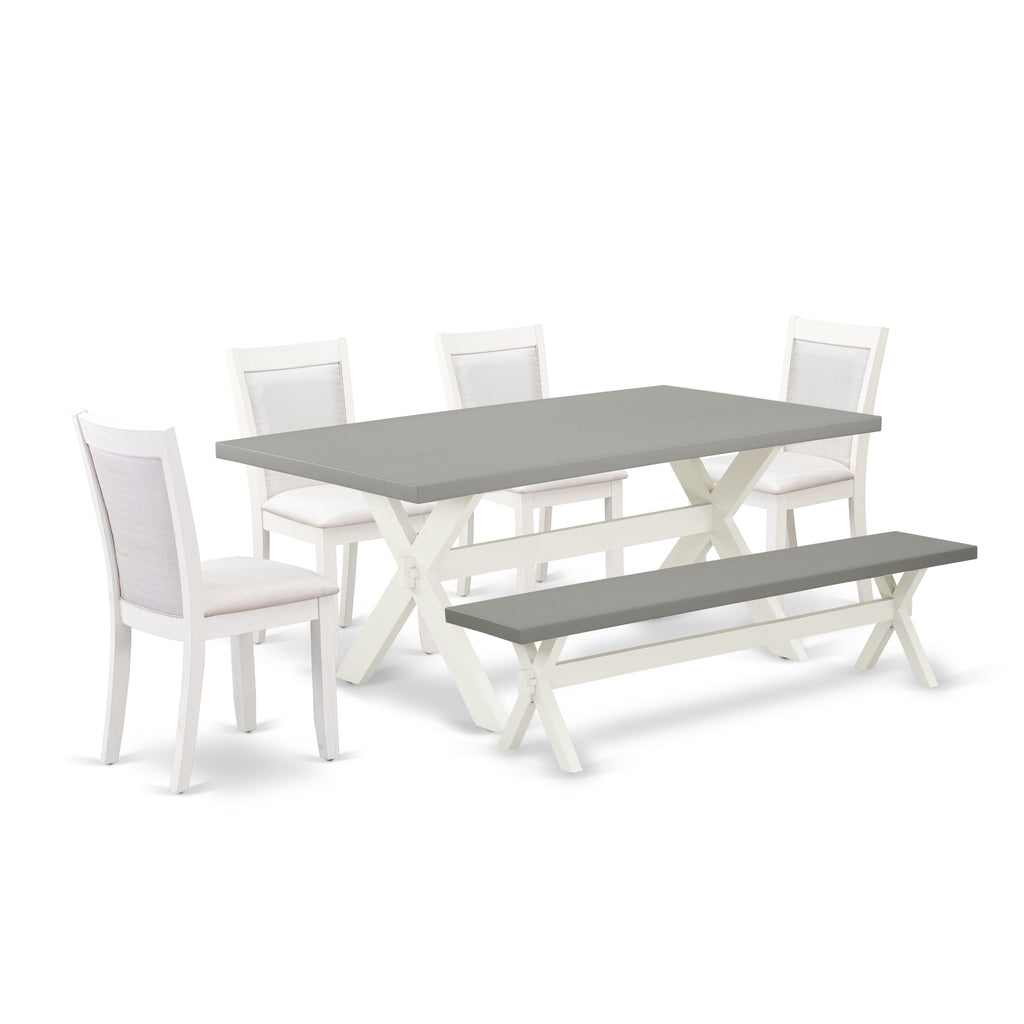 East West Furniture X097MZ001-6 6 Piece Kitchen Table Set Contains a Rectangle Dining Table with X-Legs and 4 Cream Linen Fabric Upholstered Chairs with a Bench