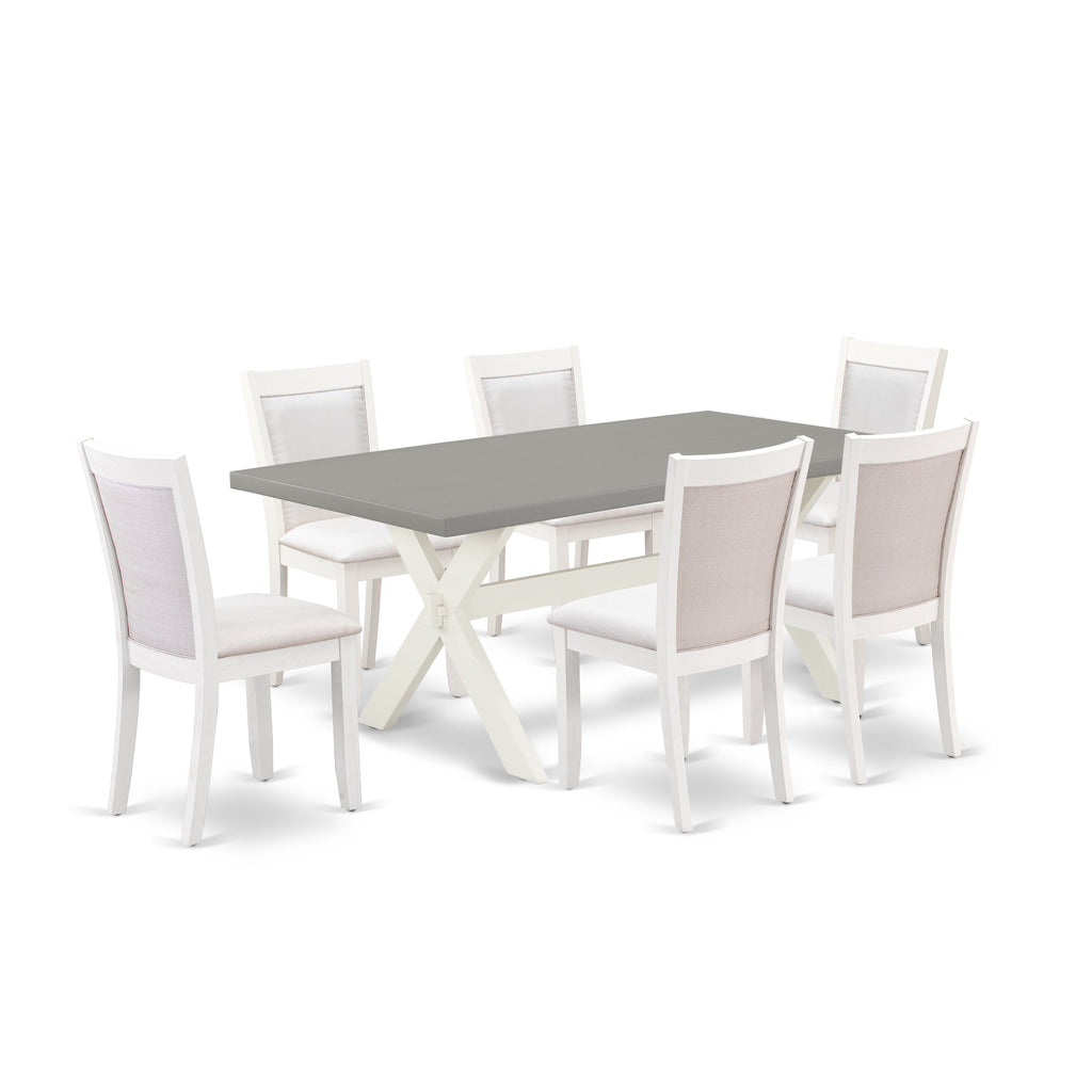 Juego de mesa de comedor moderna de 7 piezas East West Furniture X097MZ001-7. Incluye una mesa rectangular de madera con patas en forma de X y 6 sillas de comedor Parson de tela de lino color crema.