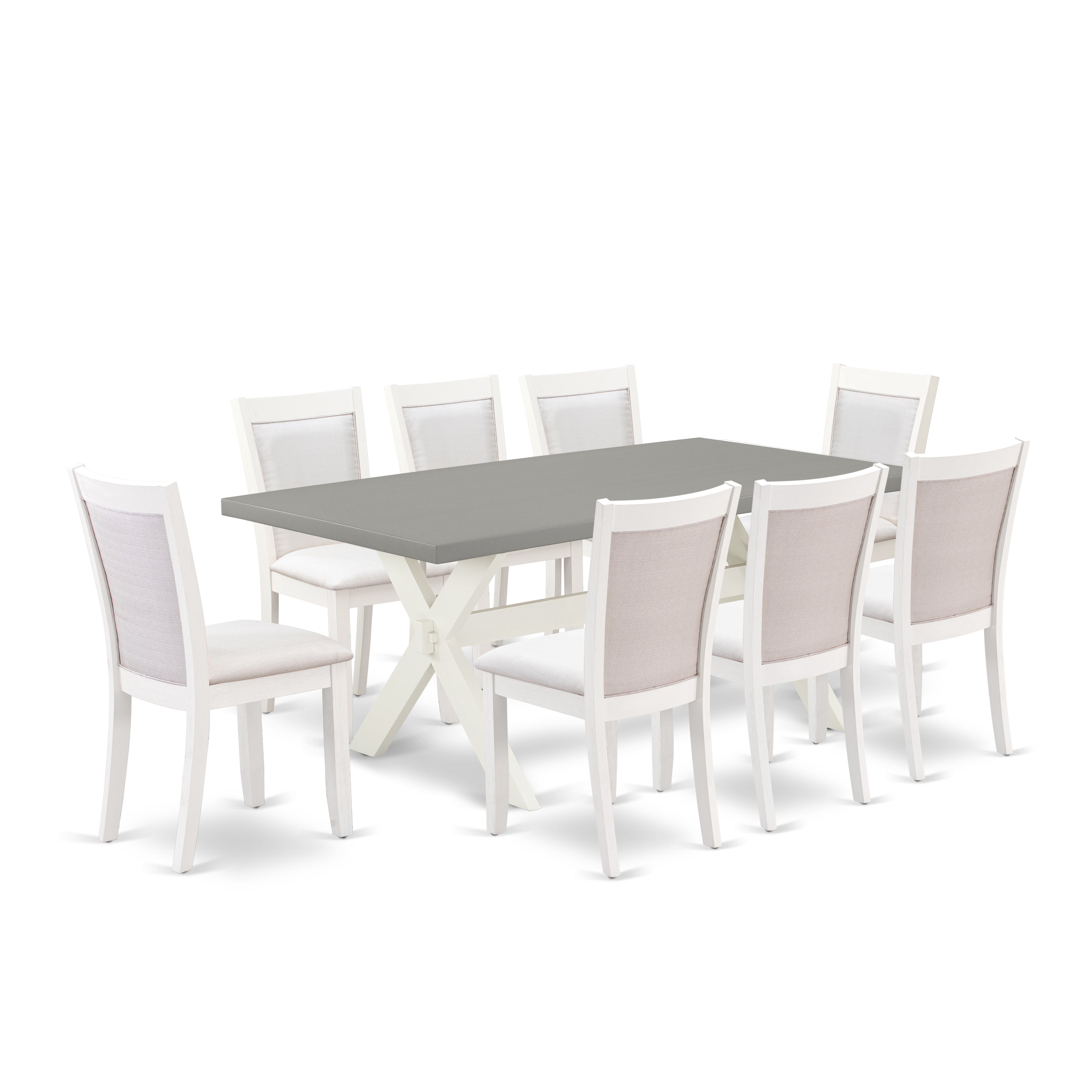 East West Furniture X097MZ001-9 9-Pc Dinner Table Set Consists of a Dining Room Table and 8 Cream Linen Fabric Dining Room Chairs with Stylish Back - Wire Brushed linen white Finish