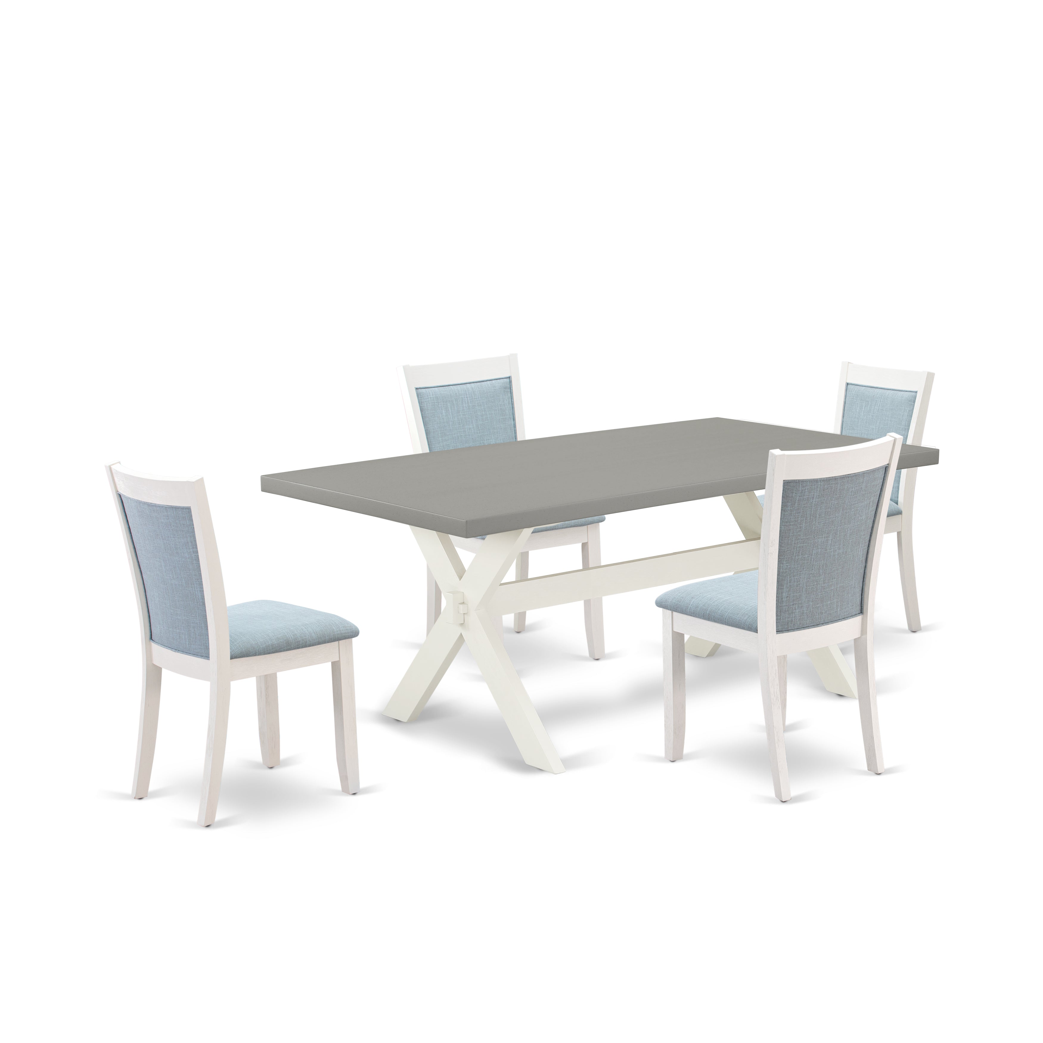 East West Furniture X097MZ015-5 5-Pc Modern Dining Table Set Consists of a Wooden Kitchen Table and 4 Baby Blue Linen Fabric Parson Dining Chairs with Stylish Back - Wire Brushed linen white Finish