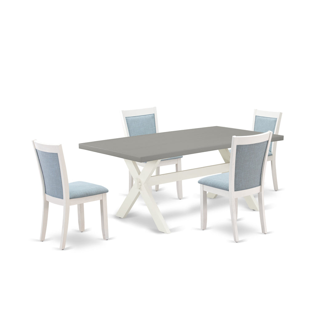 East West Furniture X097MZ015-5 5 Piece Modern Dining Table Set Includes a Rectangle Wooden Table with X-Legs and 4 Baby Blue Linen Fabric Upholstered Chairs