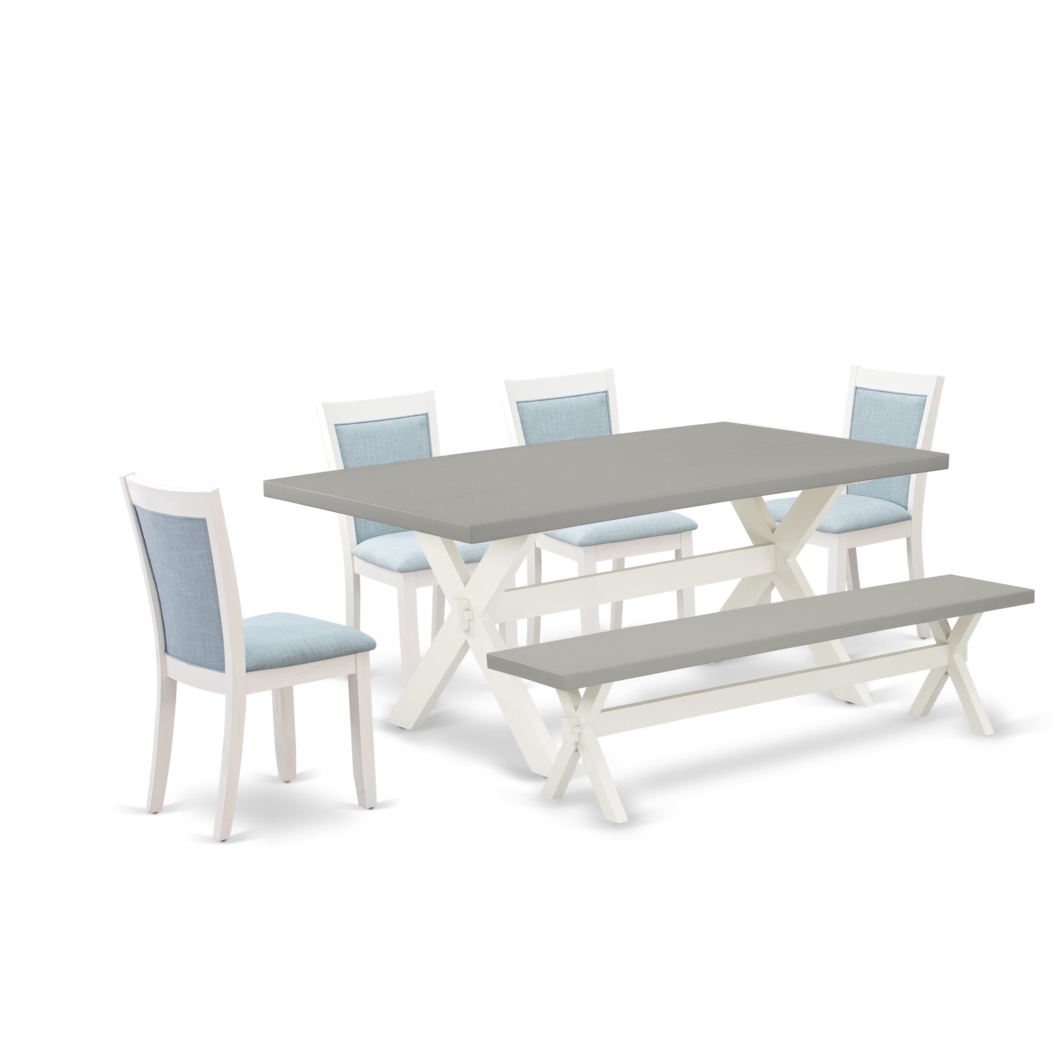 East West Furniture X097MZ015-6 6-Pc Dining Table set Consists of a Modern Dining Table - 4 Baby Blue Linen Fabric Dinner Chairs with Stylish Back and a Wooden Bench - Wire Brushed linen white Finish