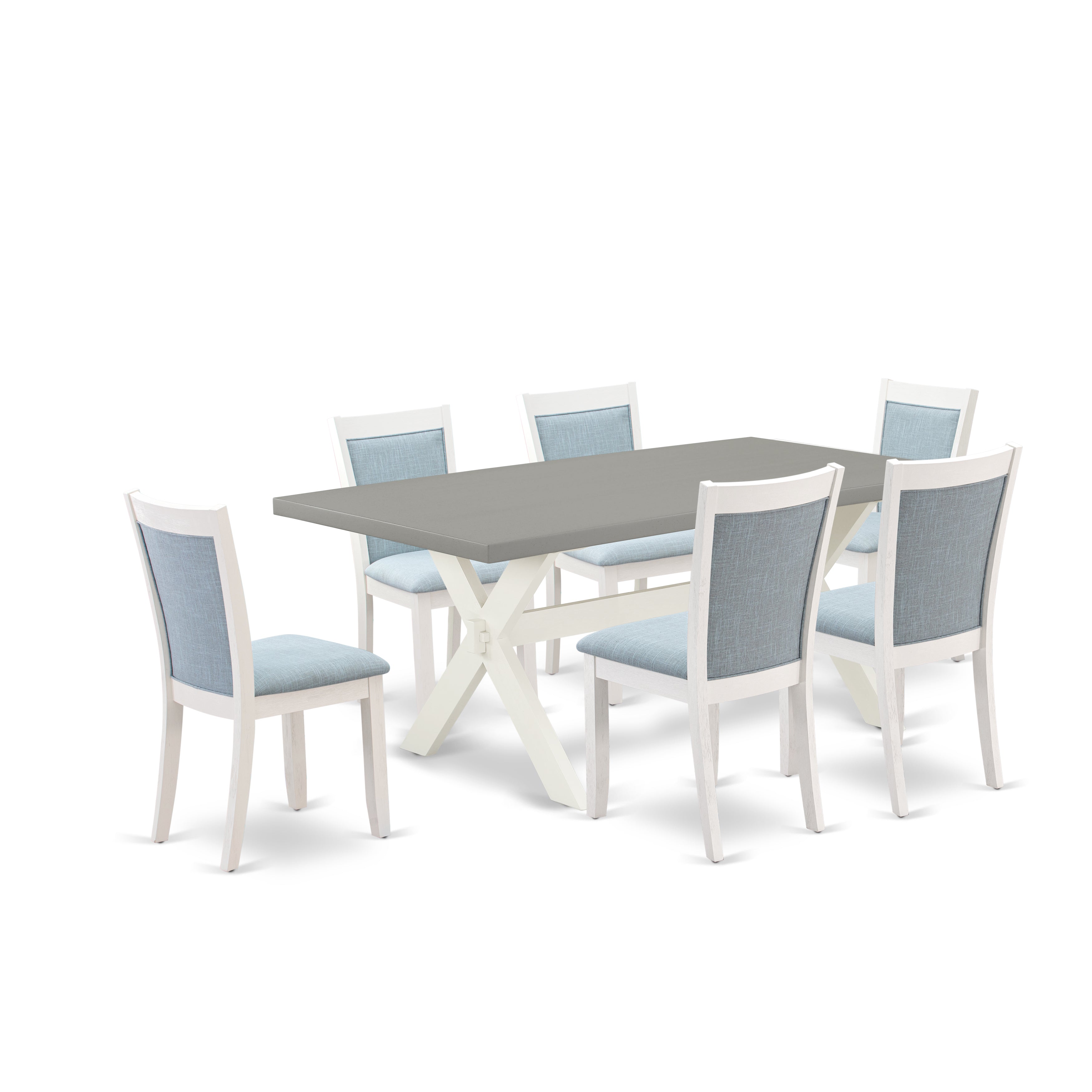 East West Furniture X097MZ015-7 7-Pc Table Set Consists of a Mid Century Table and 6 Baby Blue Linen Fabric Upholstered Chairs with Stylish Back - Wire Brushed linen white Finish
