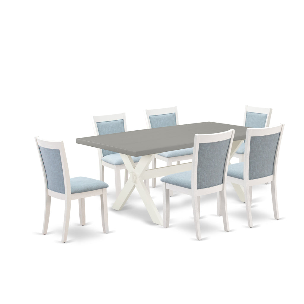 East West Furniture X097MZ015-7 7 Piece Dining Table Set Consist of a Rectangle Dining Room Table with X-Legs and 6 Baby Blue Linen Fabric Parsons Chairs