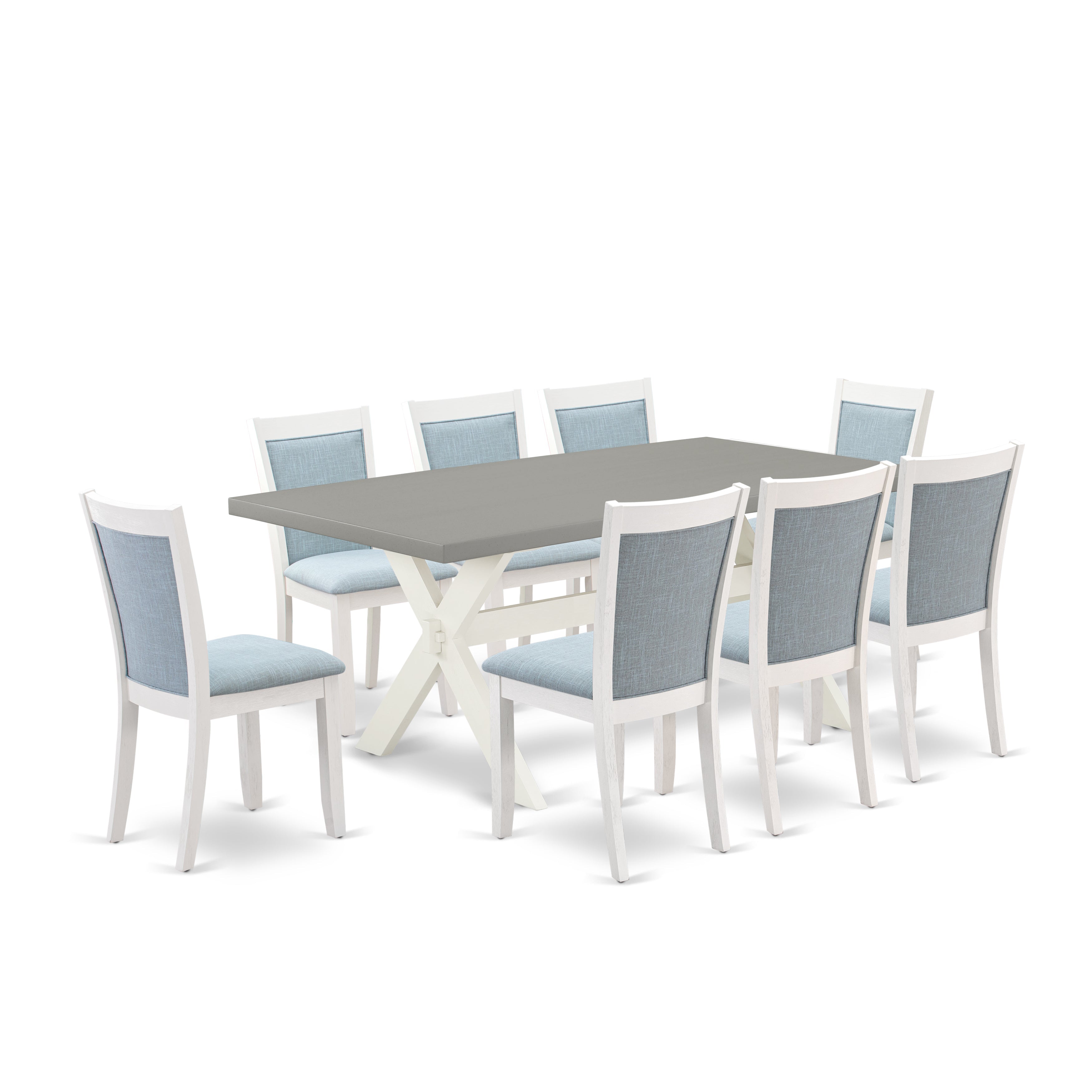East West Furniture X097MZ015-9 9-Pc Kitchen Dining Table Set Consists of a Rectangular Dining Table and 8 Baby Blue Linen Fabric Dining Chairs with Stylish Back - Wire Brushed linen white Finish