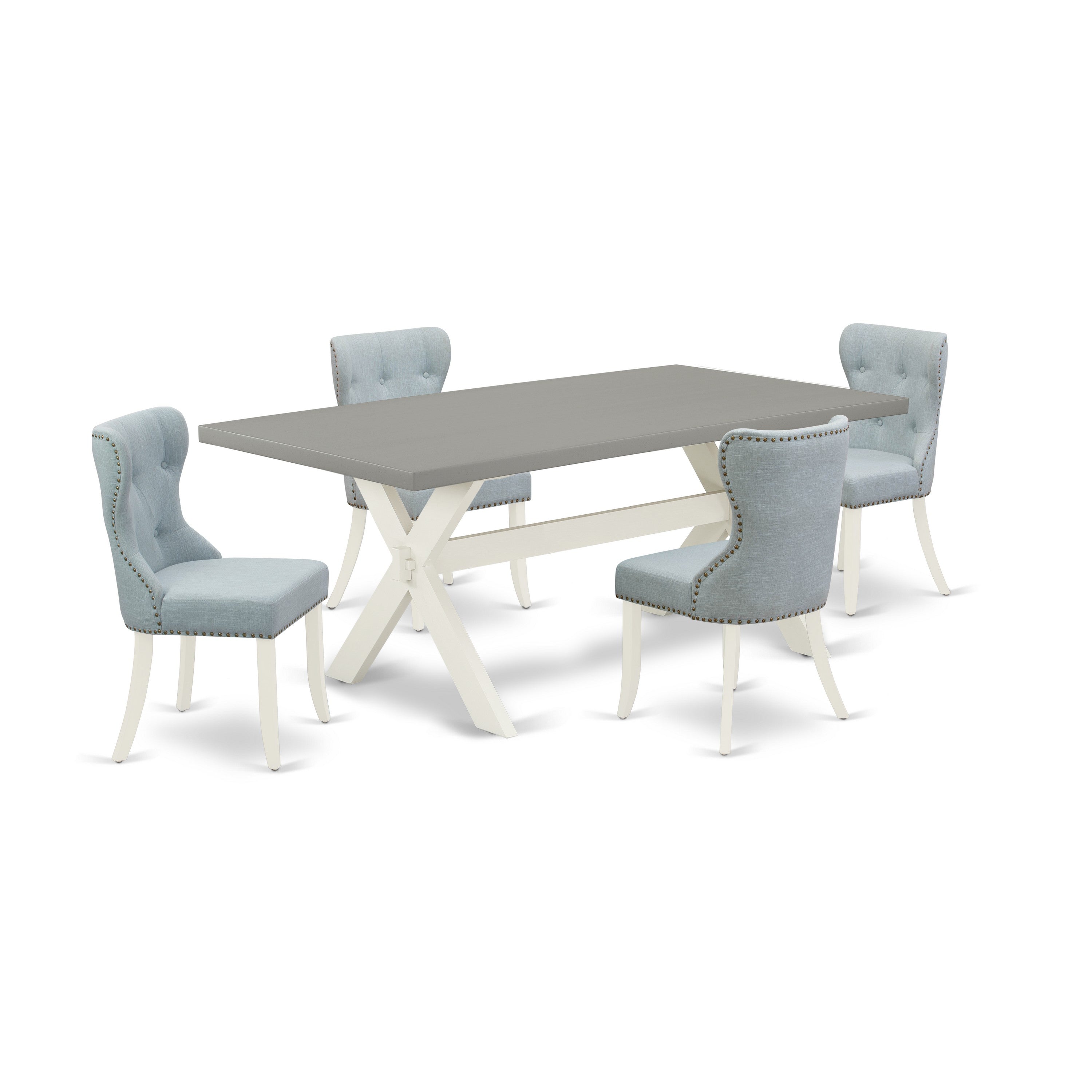 Juego de comedor de 5 piezas East West Furniture X097SI215-5. Incluye una mesa de comedor rectangular con patas en forma de X y 4 sillas Parson tapizadas en tela de lino azul bebé.