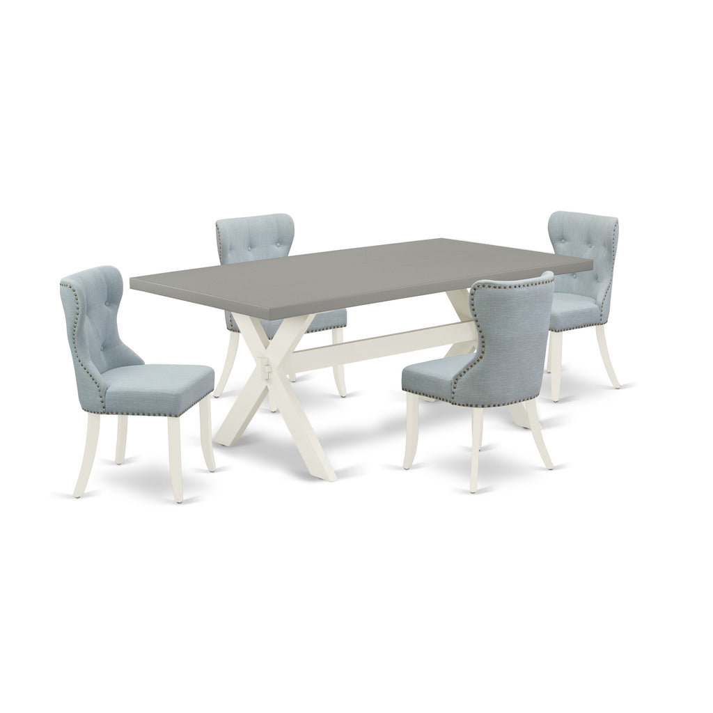 East West Furniture X097SI215-5 5 Piece Dining Set Includes a Rectangle Dining Room Table with X-Legs and 4 Baby Blue Linen Fabric Upholstered Parson Chairs, 40x72 Inch, Multi-Color