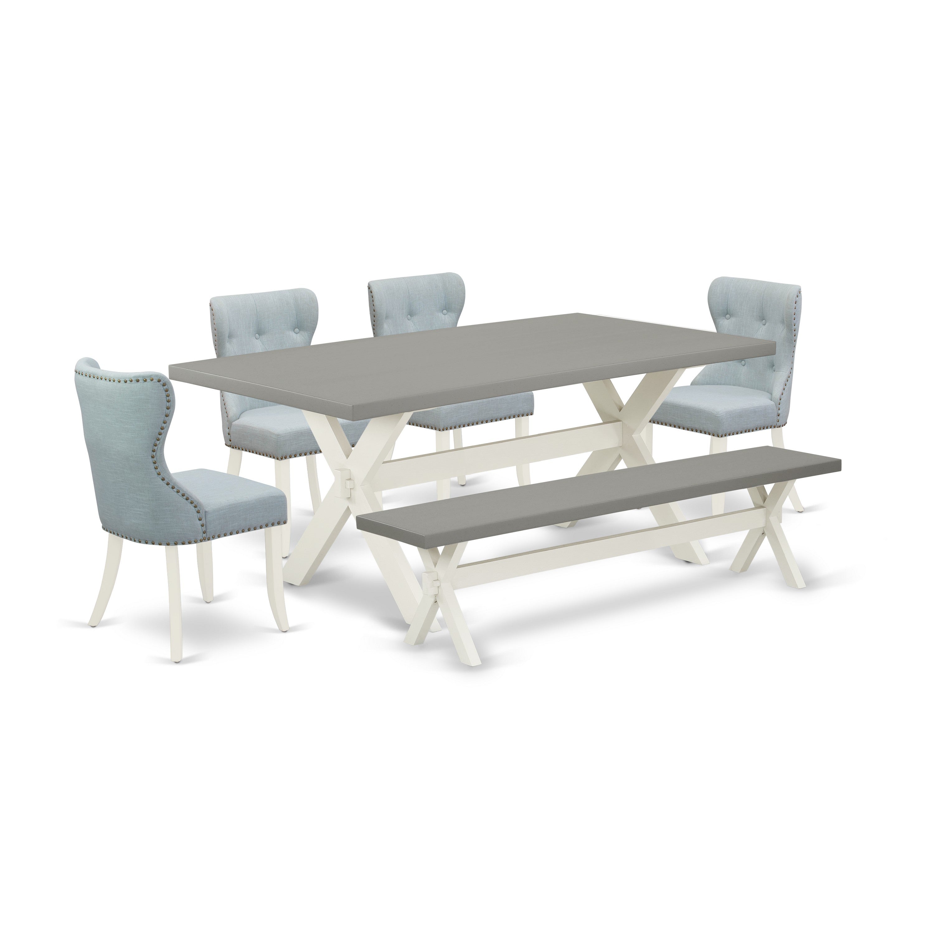 Juego de comedor de 6 piezas East West Furniture X097SI215-6. Contiene una mesa de comedor rectangular con patas en forma de X y 4 sillas Parson de tela de lino azul bebé con un banco.