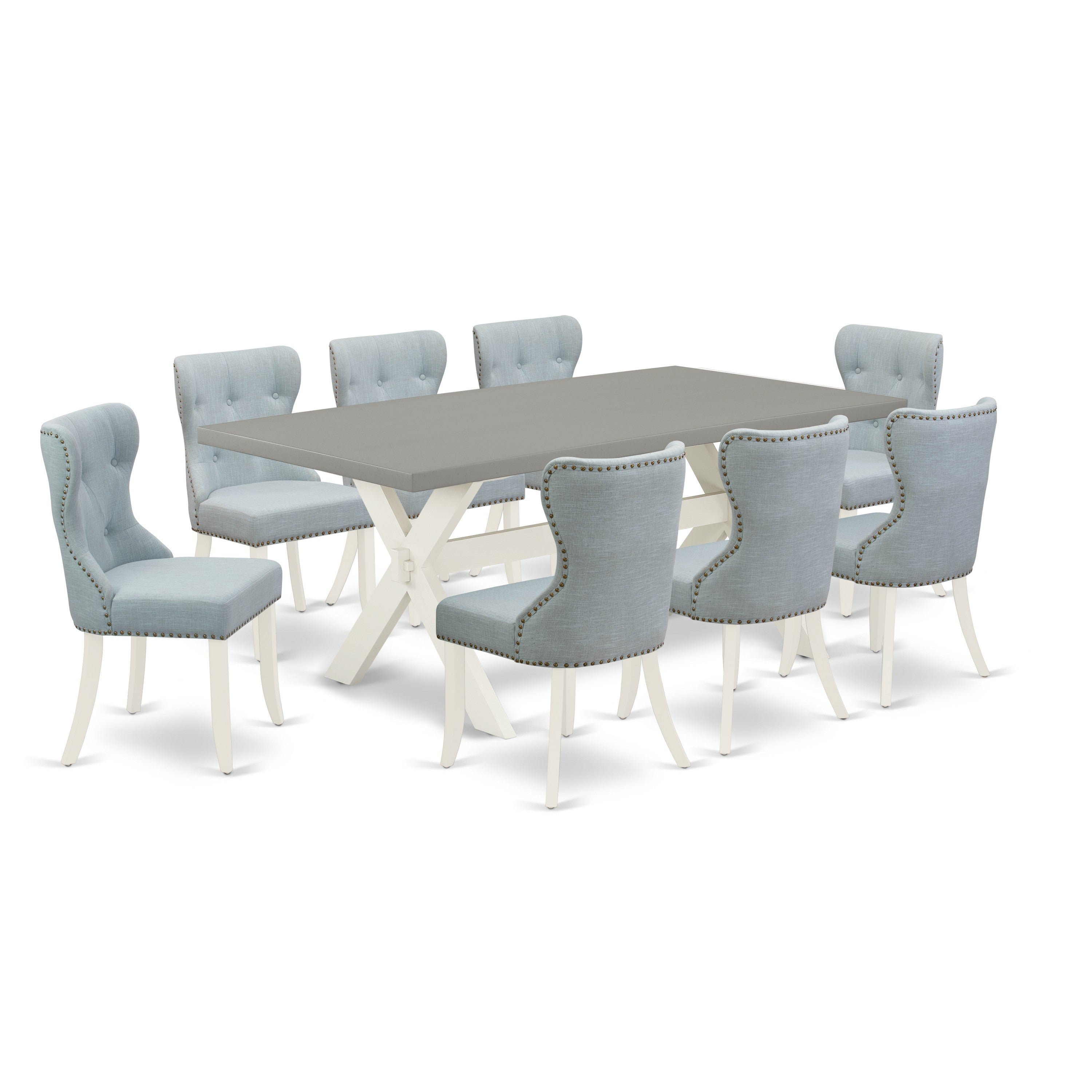 Juego de mesa y sillas de cocina de 9 piezas East West Furniture X097SI215-9. Incluye una mesa de comedor rectangular con patas en forma de X y 8 sillas Parsons de tela de lino azul bebé.