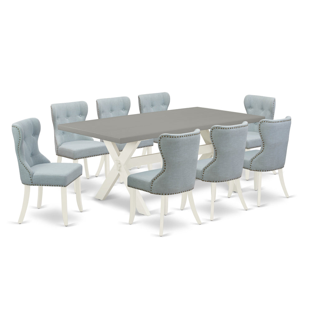 East West Furniture X097SI215-9 9 Piece Kitchen Table & Chairs Set Includes a Rectangle Dining Room Table with X-Legs and 8 Baby Blue Linen Fabric Parsons Chairs