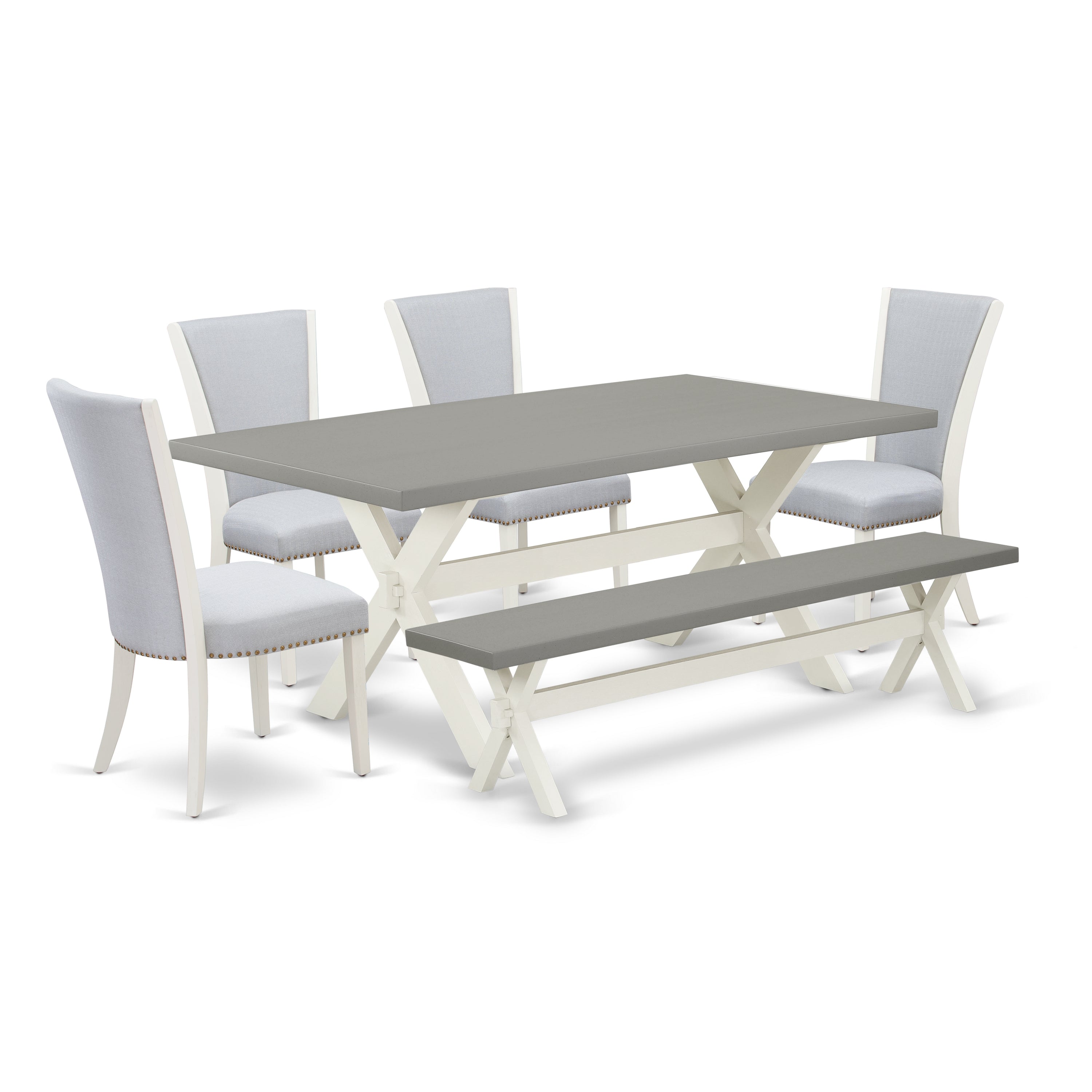 East West Furniture X097VE005-6 6 Piece Dinette Set - Cement Dining Room Table, 1 Dining Room Bench and 4 Grey Linen Fabric Upholstered Dining Chair with Nailheads - Wirebrushed linen white Finish