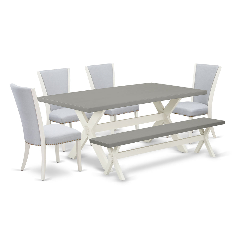 East West Furniture X097VE005-6 6 Piece Dining Room Table Set Contains a Rectangle Kitchen Table with X-Legs and 4 Grey Linen Fabric Parson Chairs with a Bench