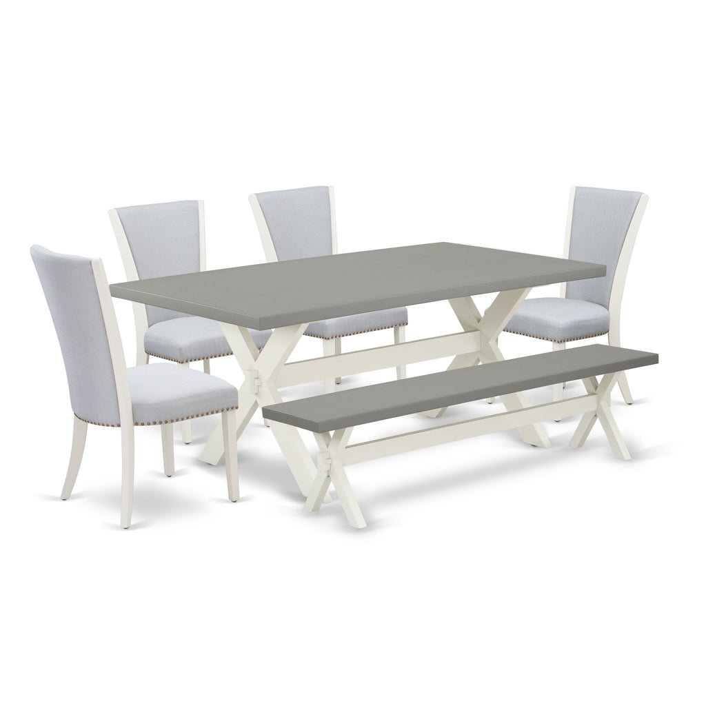East West Furniture X097VE005-6 6 Piece Dining Room Table Set Contains a Rectangle Kitchen Table with X-Legs and 4 Grey Linen Fabric Parson Chairs with a Bench, 40x72 Inch, Multi-Color