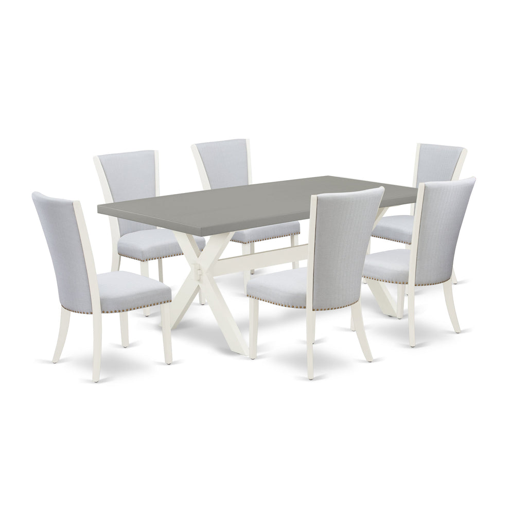 East West Furniture X097VE005-7 7 Piece Kitchen Table & Chairs Set Consist of a Rectangle Dining Room Table with X-Legs and 6 Grey Linen Fabric Upholstered Chairs