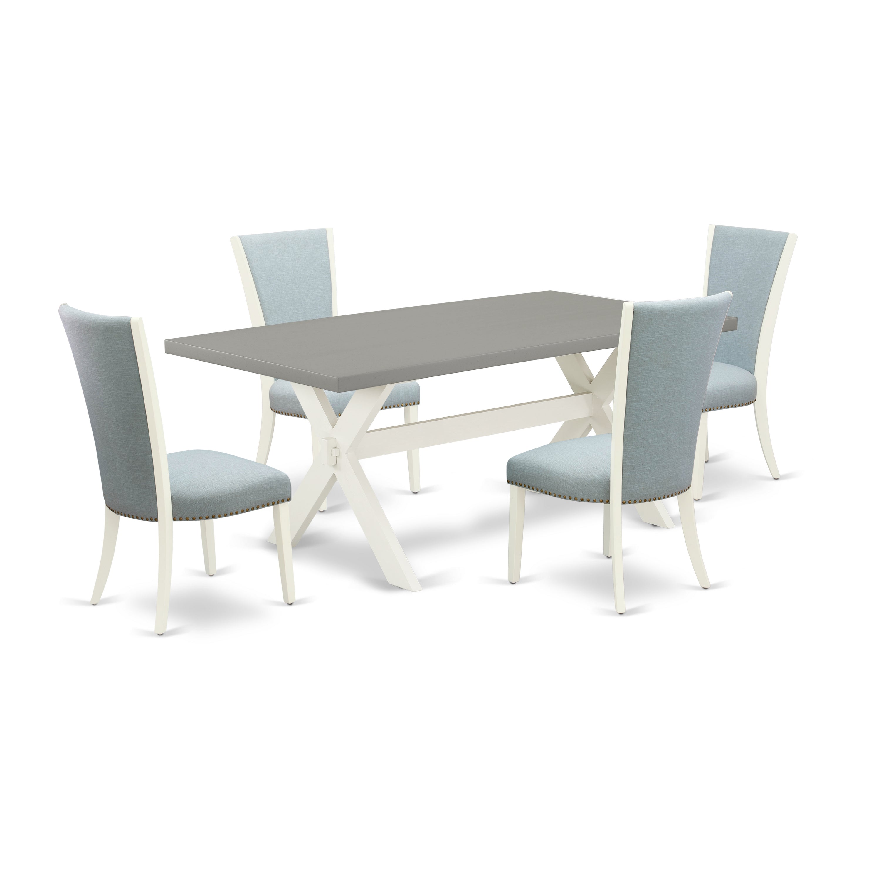 East West Furniture X097VE215-5 5 Piece Modern Dining Table Set - 4 Baby Blue Linen Fabric Dining Room Chairs with Nailheads and Cement Dining Room Table - linen white Finish