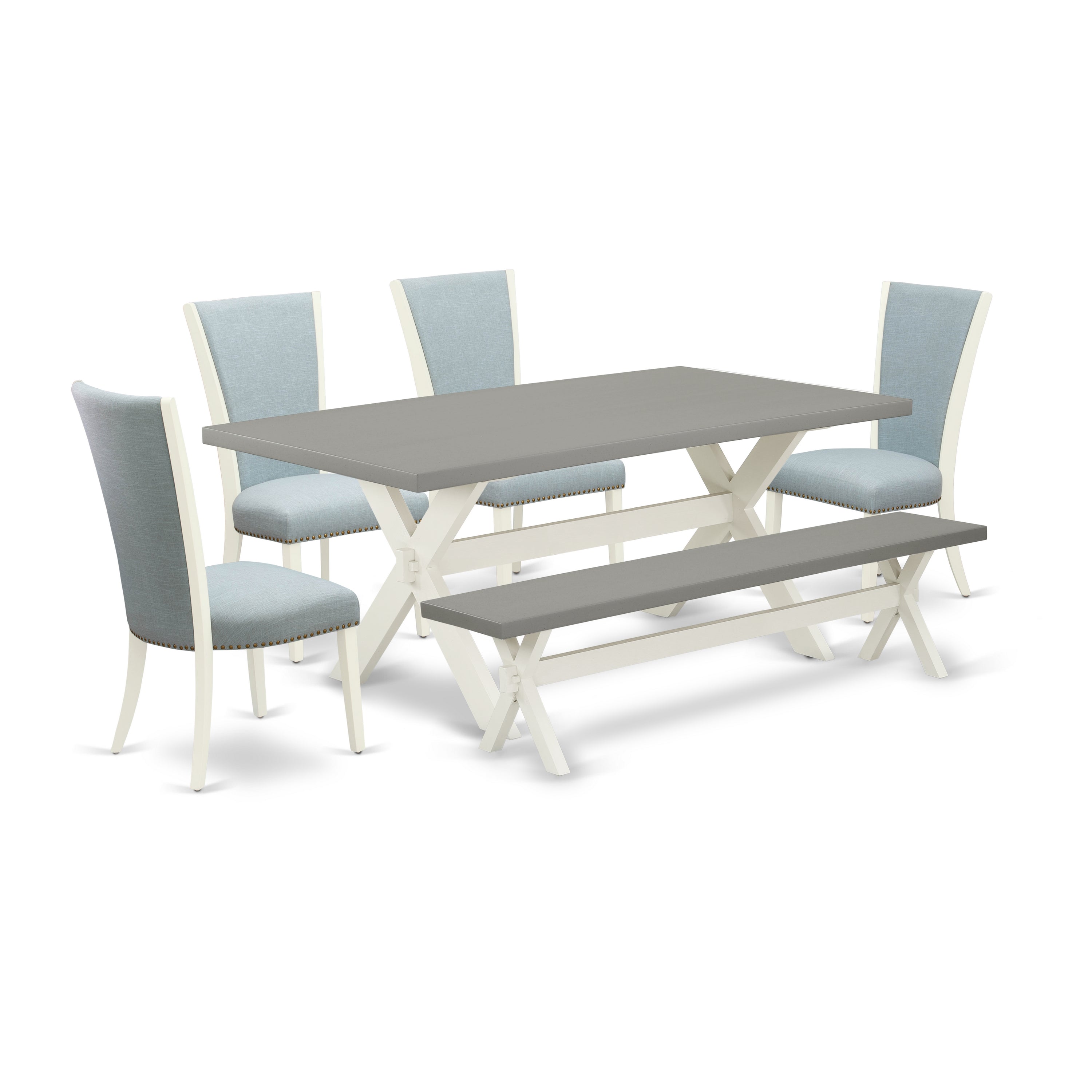 East West Furniture X097VE215-6 6 Piece Dining Set - 4 Baby Blue Linen Fabric Dining Chair with Nailheads and Cement Dining Table - 1 Wooden Bench - linen white Finish