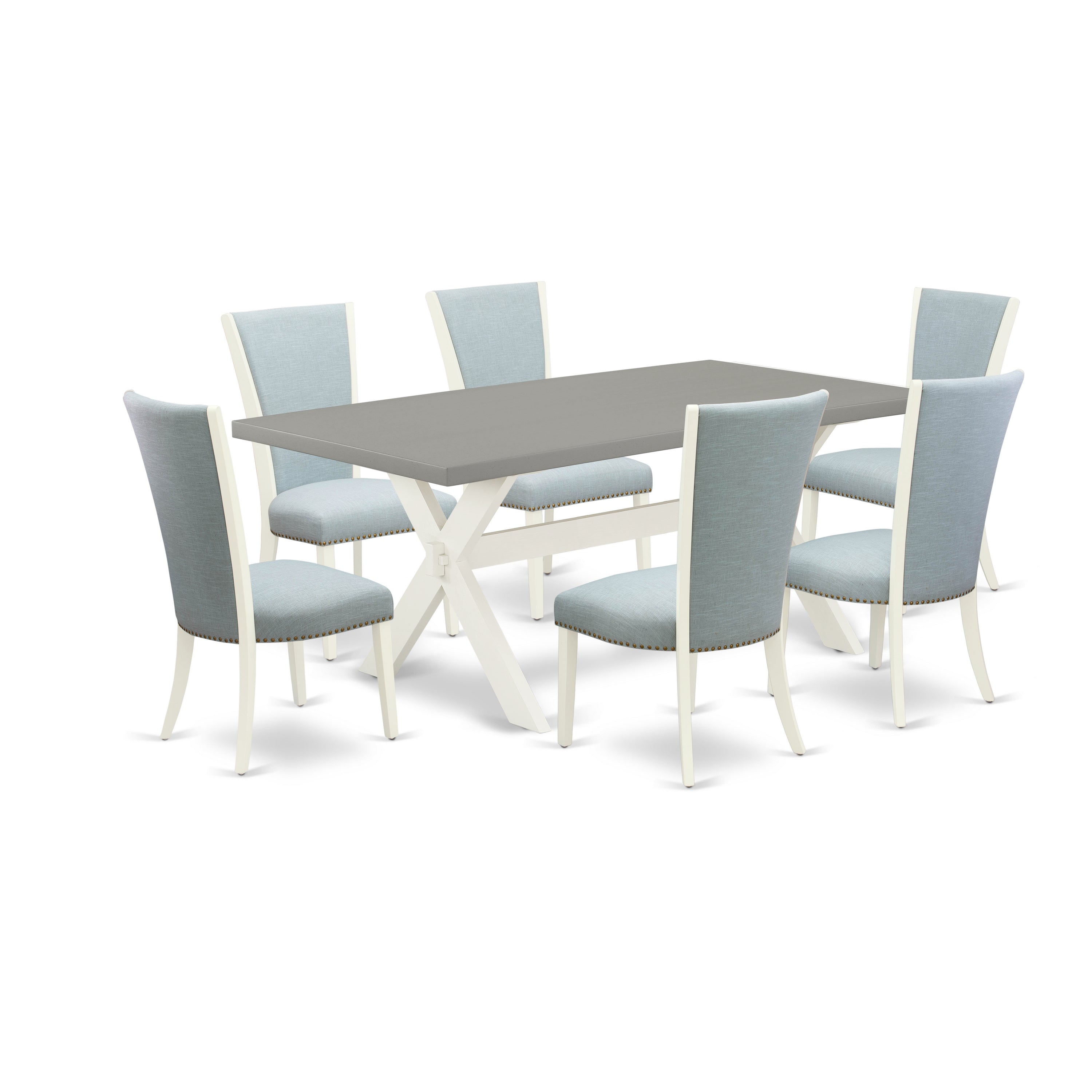 East West Furniture X097VE215-7 7 Piece Dining Table Set - 6 Baby Blue Linen Fabric Dining Room Chairs with Nail Heads and Cement Dinner Table - linen white Finish