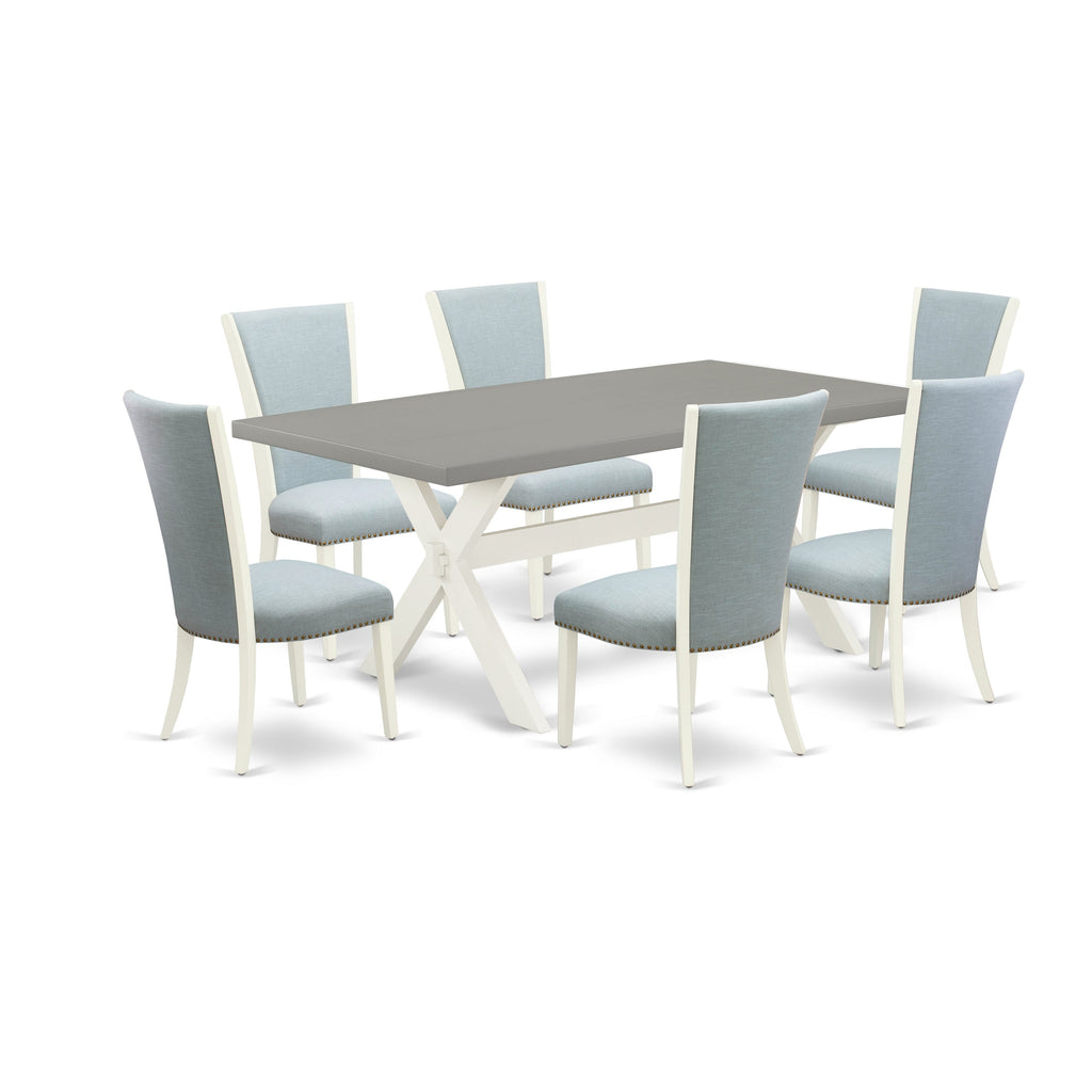 East West Furniture X097VE215-7 7 Piece Dining Table Set Consist of a Rectangle Dining Room Table with X-Legs and 6 Baby Blue Linen Fabric Upholstered Chairs