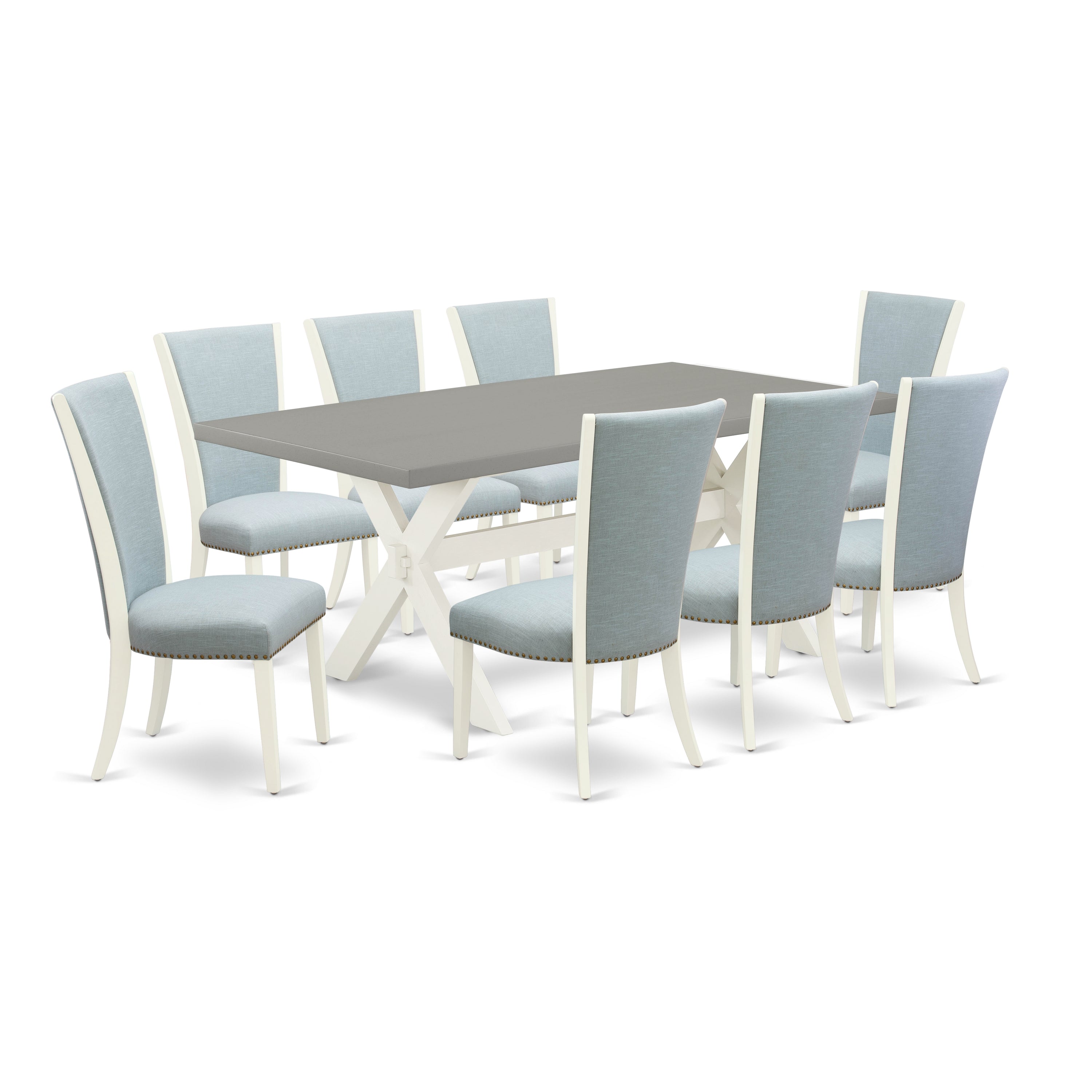 East West Furniture X097VE215-9 9 Piece Kitchen Table Set - 8 Baby Blue Linen Fabric Dinning Room Chairs with Nailheads and Cement Wooden Table - linen white Finish